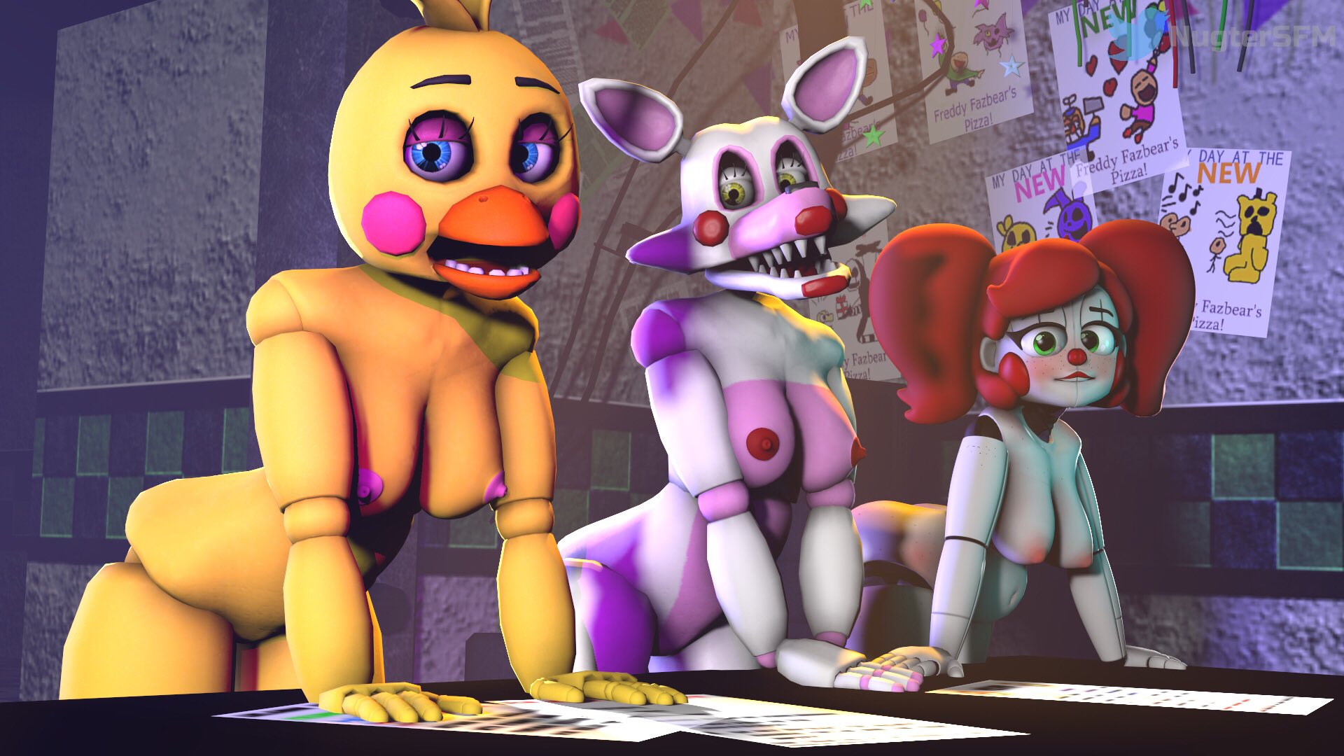 3d, accurate art style, baby (fnafsl), beak, circus baby, circus baby (fnaf), female, female only, five nights at freddy's, five nights at freddy's 2, mangle (fnaf), nugter, so87baby, summer of 87 baby, toy chica (classic), toy chica (fnaf)