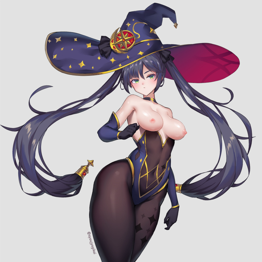 black hair, bra, female, genshin impact, green eyes, hat, long hair, mona (genshin impact), nipples, solo, topless, witch