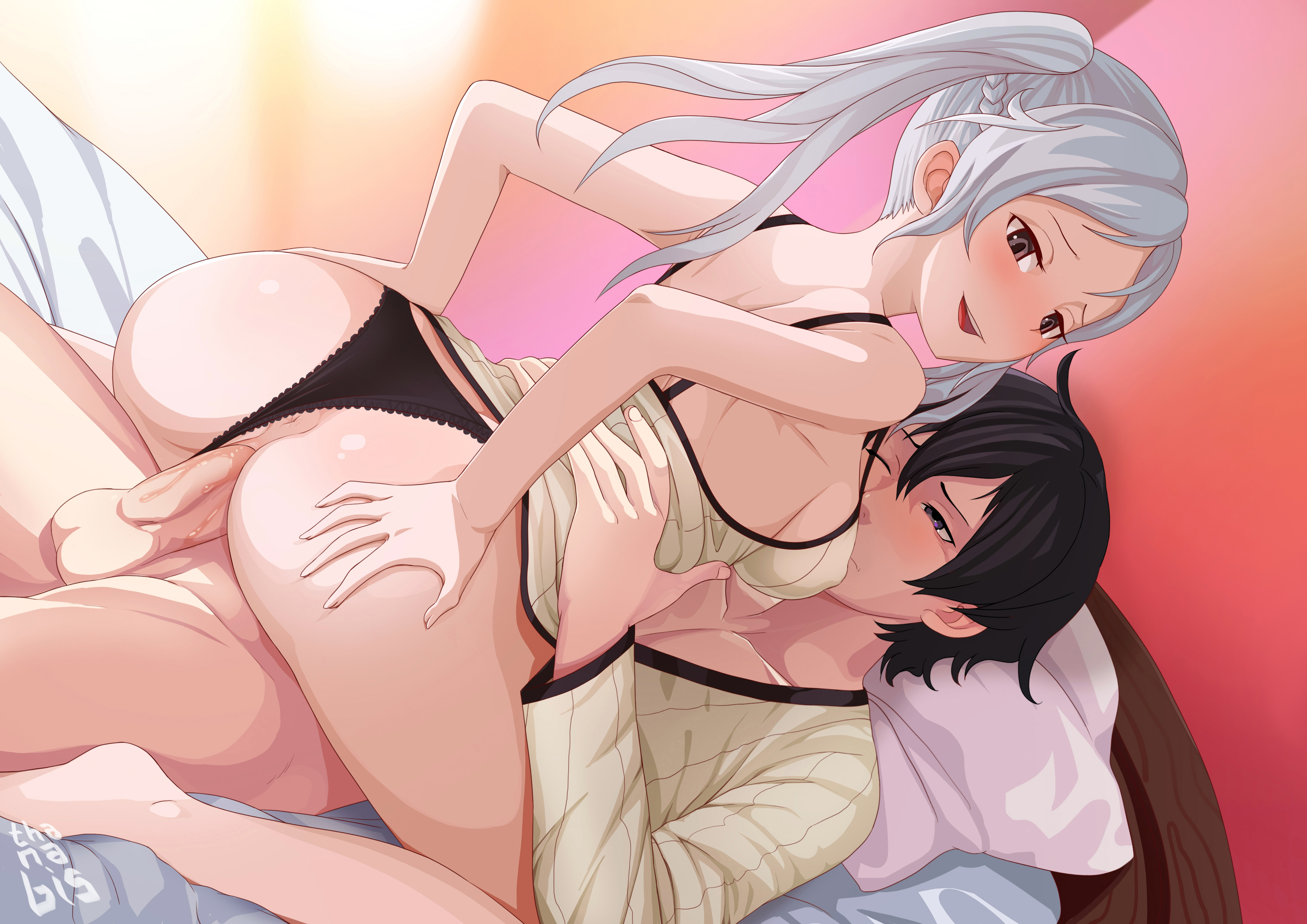 1boy, 1girls, anus, ass, bedroom, big ass, black panties, breasts, brown eyes, female, fire emblem, fire emblem awakening, grey hair, incest, looking back, male, medium breasts, medium hair, morgan (fire emblem), morgan (fire emblem) (male), mother and son, nintendo, nipple bulge, on bed, open mouth, open smile, panties, panties aside, pussy, robin (fire emblem), robin (fire emblem) (female), sex, smile, thanabis, uncensored, vaginal penetration