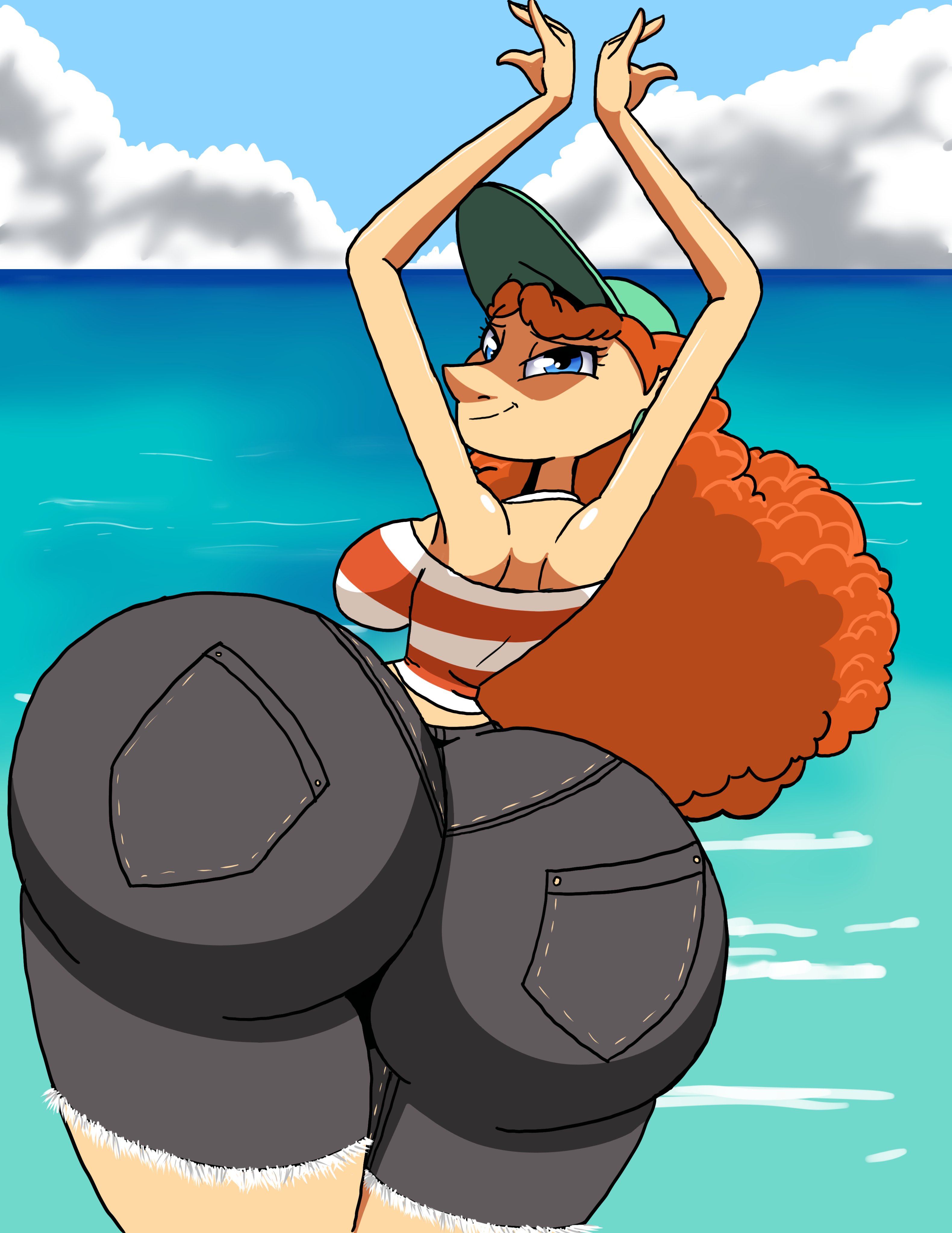 armpits, ass, ass bigger than head, back view, big ass, big butt, blue eyes, bottom heavy, bubble ass, bubble butt, disney, ear piercing, earrings, enormous ass, enormous butt, fat ass, fat butt, female, female only, gigantic ass, gigantic butt, hat, huge ass, huge butt, inner workings, kate (inner workings), large ass, large butt, long hair, looking at viewer, looking back, massive ass, massive butt, narrow shoulders, orange hair, roga14, seductive, seductive eyes, seductive look, seductive smile, striped shirt, sun hat, thick ass, thick thighs, thighs, thin arms, thin waist, voluptuous, water, wide hips