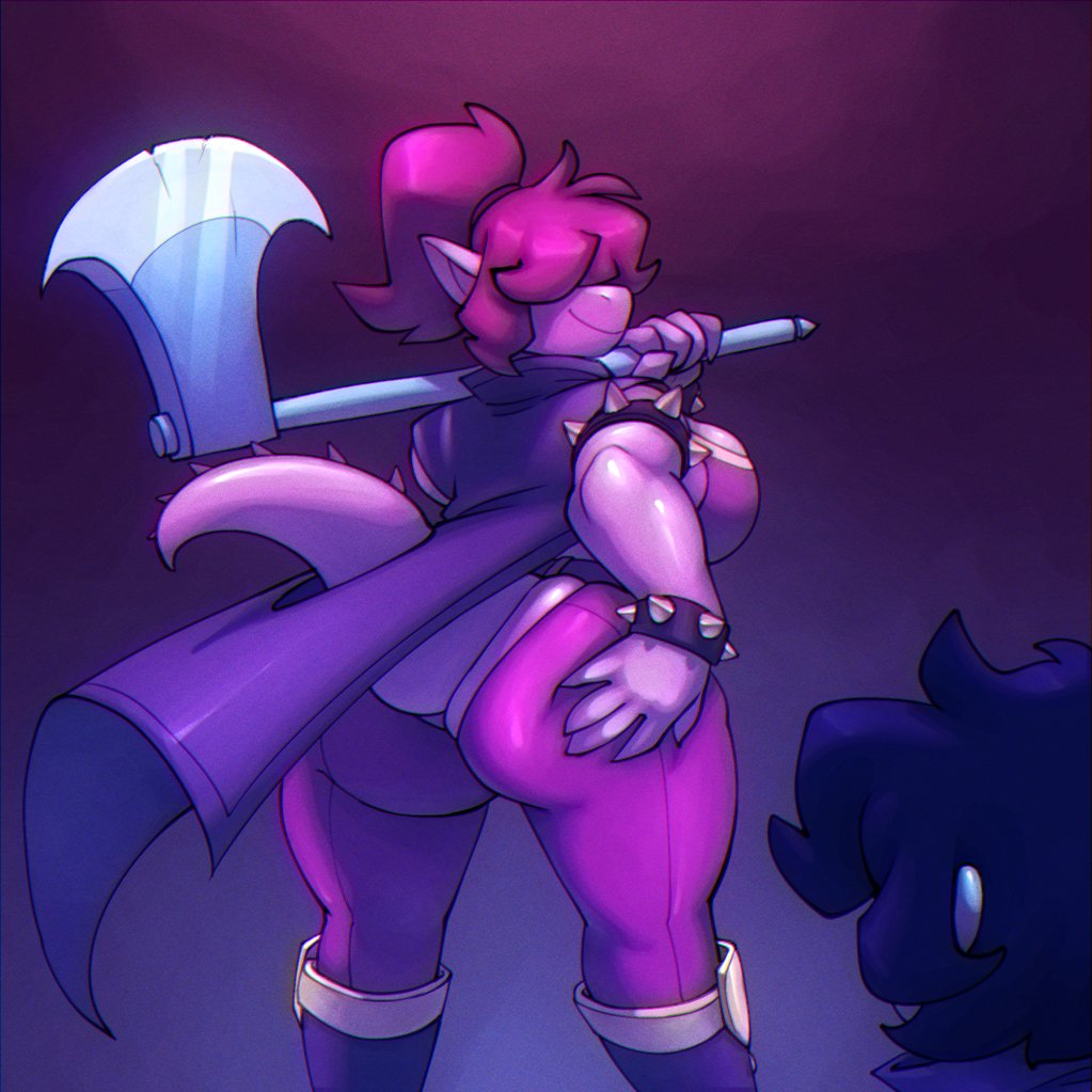 ass, axe, bigdad, breasts, clothed, deltarune, female, female focus, female only, hair over eyes, hand on own ass, kris (deltarune), looking back, offscreen character, ponytail, purple skin, sideboob, susie (deltarune), tail, undertale (series)