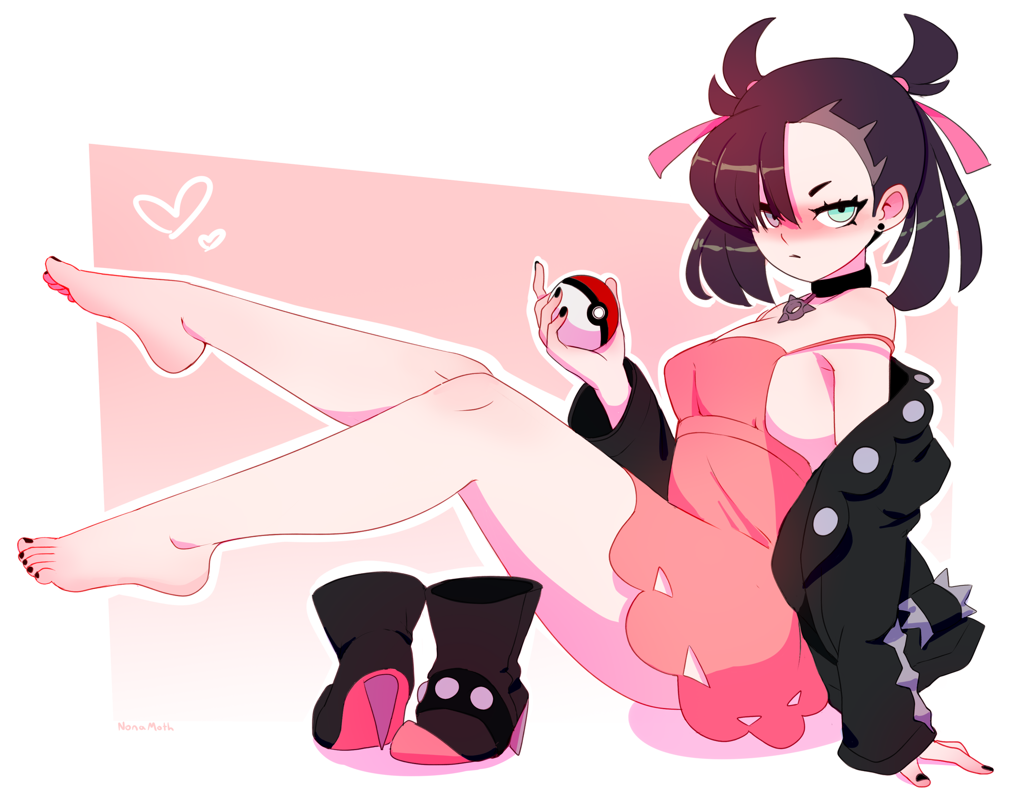 1girls, barefoot, blush, calves, clothed, clothing, dress, feet, female, female only, foot fetish, full body, jacket, looking at viewer, marnie (pokemon), nintendo, nonamoth, pokeball, pokemon, pokemon ss, short hair, sitting, solo, solo female, thighs, toenail polish
