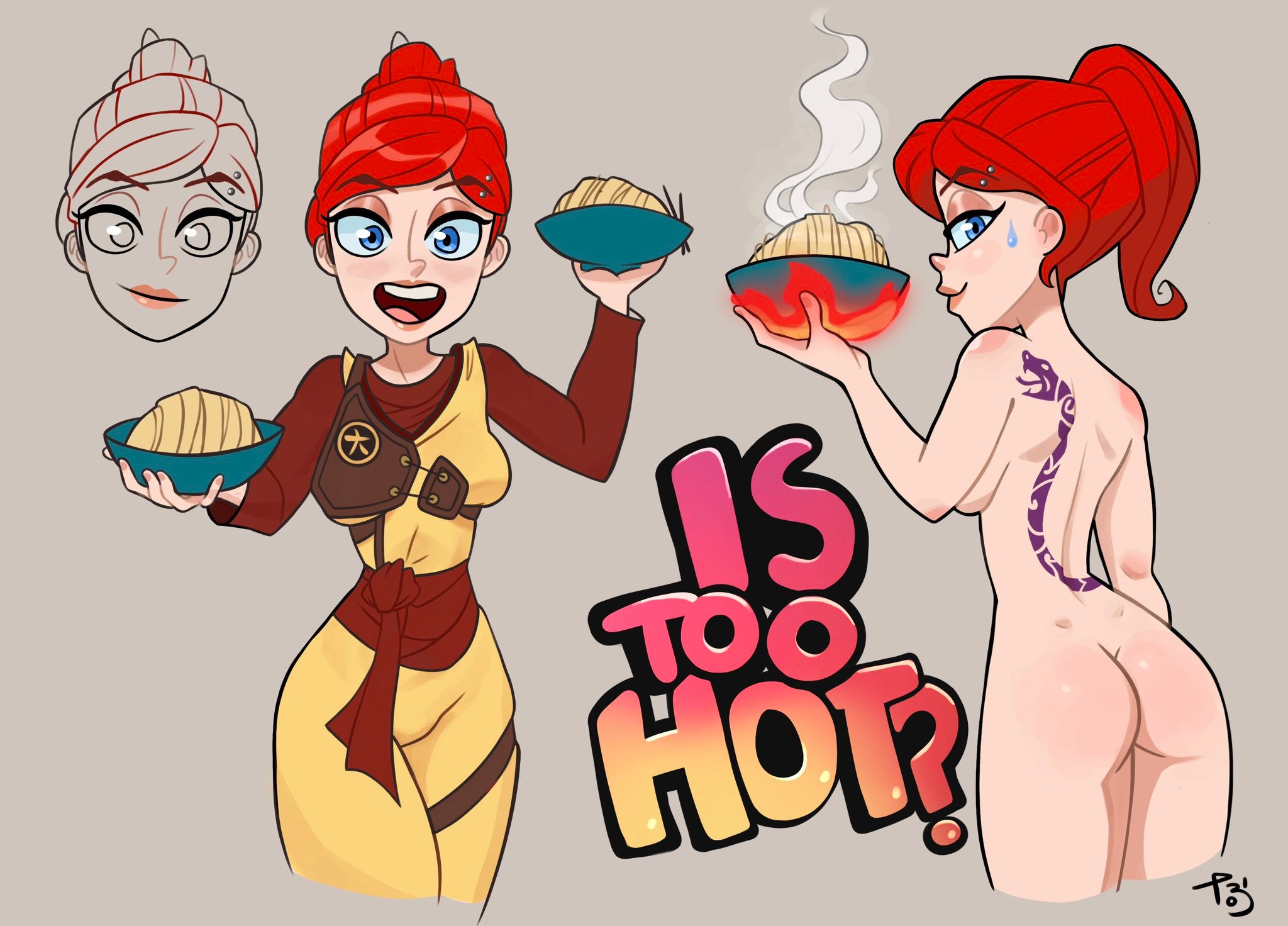 alternate version available, ass, big ass, big butt, blue eyes, clothed, eyebrow piercing, female, female only, high ponytail, lego, ninjago, nude, piercing, ponytail, red hair, skylor (ninjago), skylor chen, tattoo, tattoo on back, tobiart, tournament of elements (ninjago)