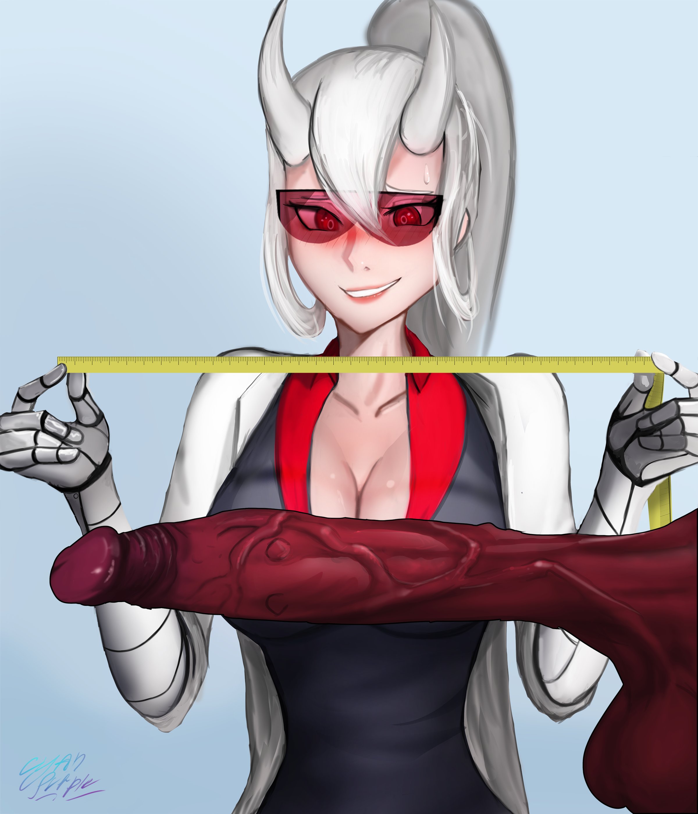 1girls, artist name, artist signature, bangs, blush, breasts, cleavage, collarbone, cyanpurplewave, demon, demon girl, demon horns, female, female focus, goggles, hair between eyes, helltaker, highres, horns, huge cock, long hair, loremaster (helltaker), male, measuring, measuring penis, monster cock, penis, ponytail, prosthetic, prosthetic arm, red eyes, red goggles, red-tinted eyewear, smile, subject 67 (helltaker), sunglasses, sweat, tagme, tied hair, tinted eyewear, veiny penis, visor, white hair