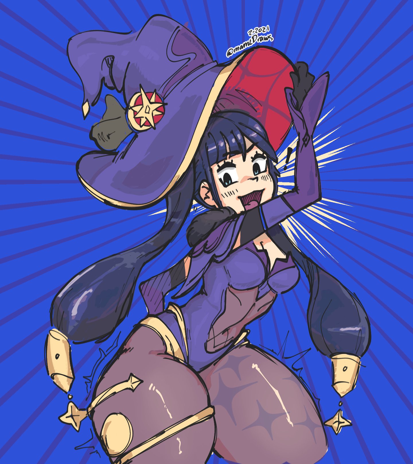 1girls, ass, big ass, blush, expansion, female, genshin impact, growth, hat, huge thighs, inflation, leggings, mamedraws, mona (genshin impact), purple hair, smile, surprised, thick thighs, thigh expansion, thigh focus, tight clothing, witch hat