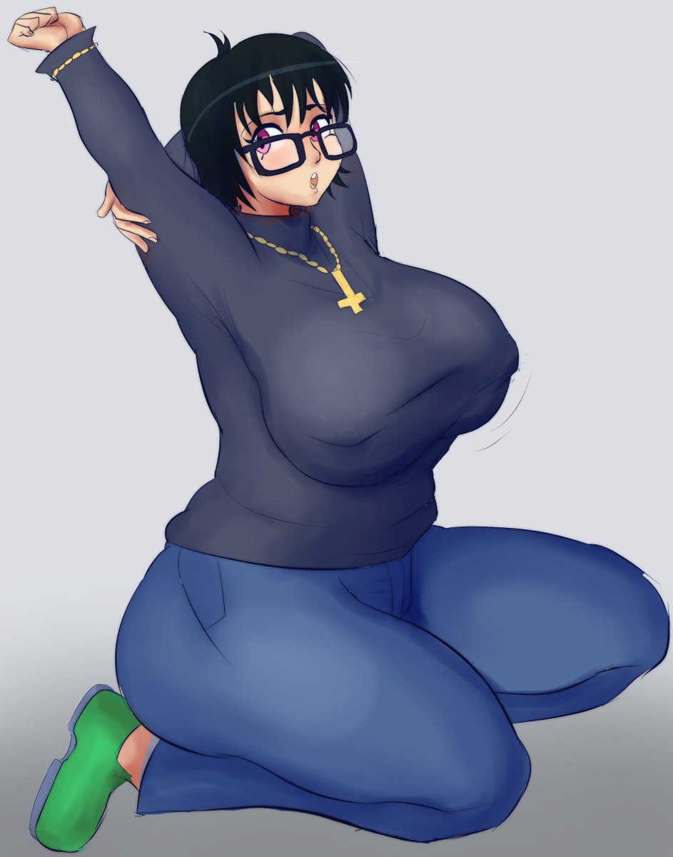 1girls, alternate breast size, ass, big ass, big breasts, black hair, blush, breasts, cross necklace, curvy, female, female focus, female only, glasses, huge breasts, human, hunter x hunter, igdel, large breasts, light skin, light-skinned female, nipple bulge, nipples, pale skin, pale-skinned female, phantom troupe, shizuku murasaki, short hair, shounen jump, thick thighs, thighs, tight clothing, villainess, voluptuous, wide hips