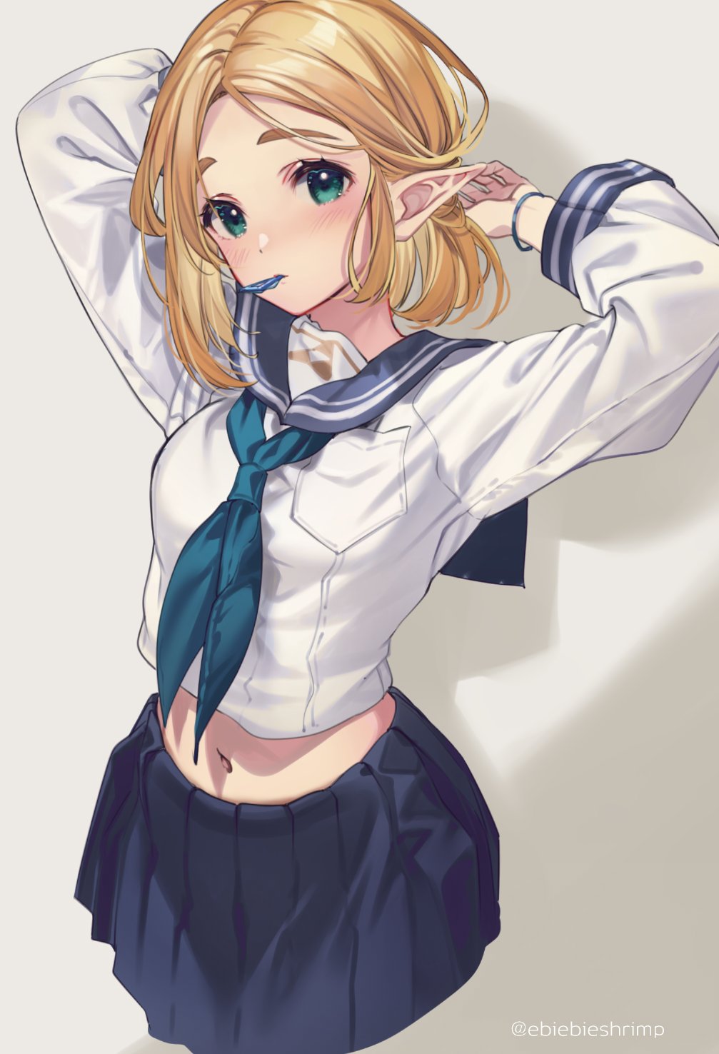 blonde_female blonde_hair bracelet breast_pocket breasts breath_of_the_wild clothed_female contemporary female green_eyes hylian medium_breasts midriff navel nintendo pointy_ears ponytail princess_zelda sailor_collar school_uniform serafuku shuri_(84k) skirt tears_of_the_kingdom teenage_girl teenager the_legend_of_zelda triforce twitter_username zelda_(tears_of_the_kingdom)