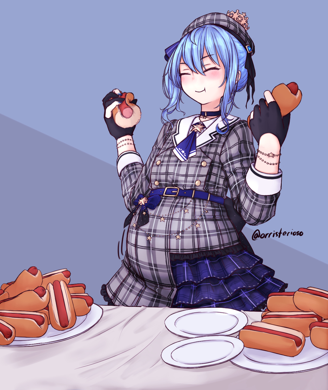 big belly, chubby, female, hololive, hololive gen 0, hololive japan, hoshimachi suisei, hot dog, obese, orristerioso, plate, virtual youtuber, weight gain