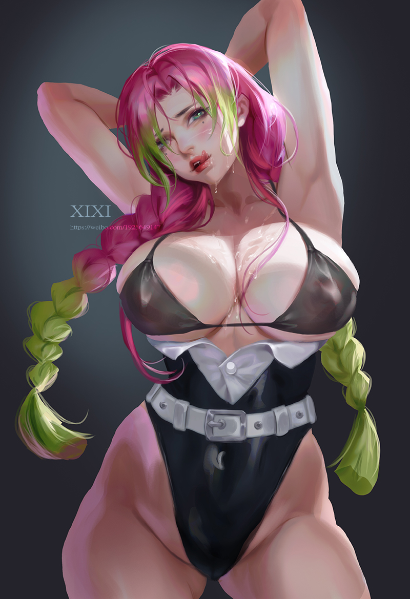 1girls, alternate costume, alternate version available, arms up, bikini top, braided hair, breasts, demon slayer, female, female focus, female only, kanroji mitsuri, kimetsu no yaiba, nipples visible through clothing, painting (artwork), partially visible nipples, pink hair, pink-haired female, realistic, solo, solo female, tongue, tongue out, xixi