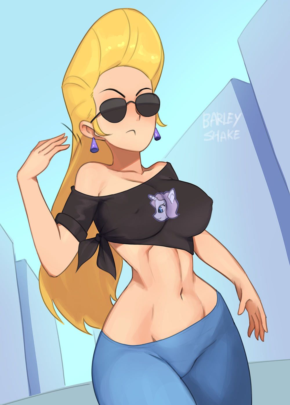 1girls 2021 bare_midriff bare_shoulders barleyshake belly_button big_breasts blonde_hair breasts canon_genderswap cartoon_network erect_nipples_under_clothes fit_female genderswap_(mtf) jenny_bravo johnny_bravo johnny_bravo_(series) rule_63 solo solo_female sunglasses tagme thick_thighs tinted_eyewear voluptuous