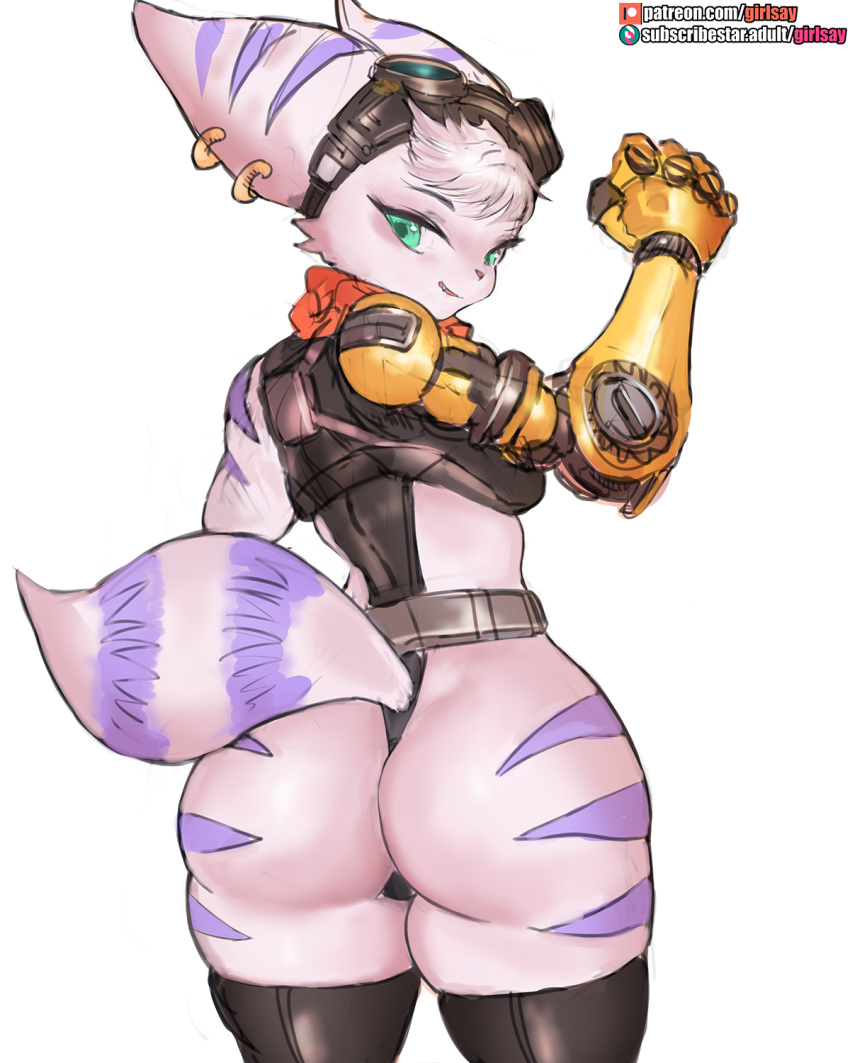 2021, anthro, ass, big ass, big butt, clothing, cybernetic arm, cybernetic limb, cybernetics, ear piercing, ear ring, eyewear, female, fur, girlsay, goggles, goggles on head, green eyes, hair, hi res, legwear, lombax, looking at viewer, looking back, mammal, mechanical, mechanical arm, piercing, prosthetic, prosthetic arm, prosthetic limb, ratchet and clank, rivet (ratchet and clank), scarf, solo, sony corporation, sony interactive entertainment, text, url, video games