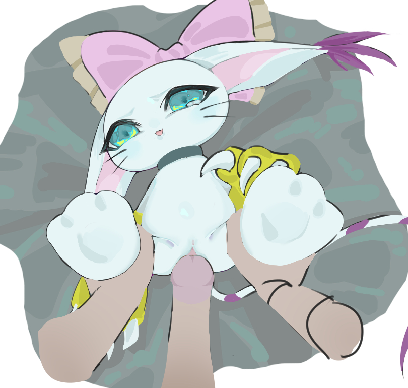 anthro bodily_fluids bow_(knot) claws clothing digimon digimon_(species) domestic_cat duo felid feline felis female female_penetrated first_person_view fur gatomon genitals gloves green_eyes handwear holding_legs human legs_up looking_at_viewer lying male male/female male_penetrating male_penetrating_female mammal on_back open_mouth pawpads penetration penile penile_penetration penis penis_in_pussy pink_bow pussy sex simple_background size_difference spread_legs spreading striped_tail stripes tears unknown_artist vaginal_penetration white_background white_body white_fur