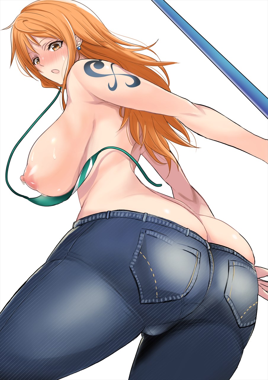 1girls, arm tattoo, ass, ass cleavage, ass crack, big breasts, bikini, bikini top, blue tattoo, bra, breasts, butt crack, female, female focus, female human, female only, human, jeans, kawa batayoshi, long hair, nami (one piece), one piece, orange hair, orange-haired female, pants, pinup, post-timeskip, shounen jump, solo, striped bikini, tattoo, tight jeans, tight pants, variant set, wardrobe malfunction