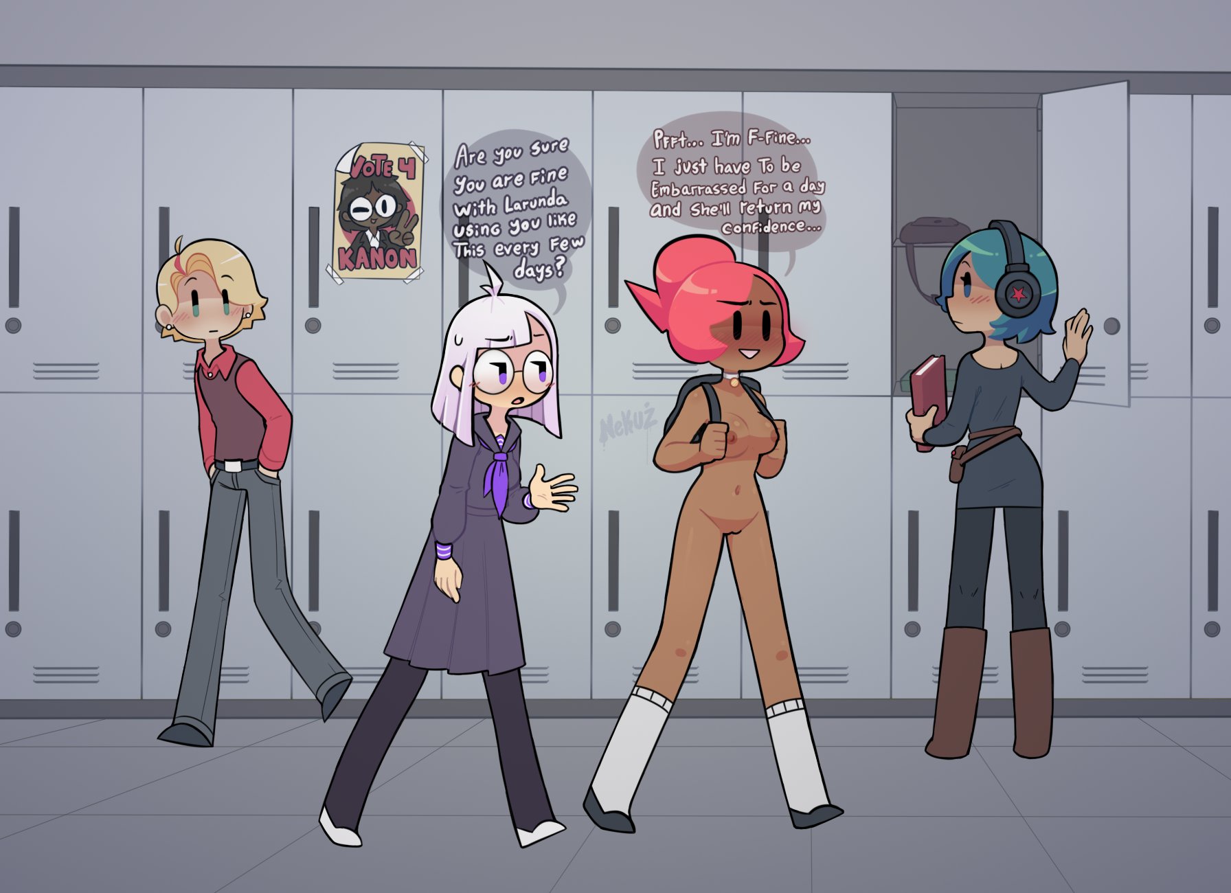2021, 2girls, backpack, blush, bottomless, breasts, casual nudity, chloe (nekuzx), clothed female nude female, collar, edit, embarrassed, exhibitionism, female, female focus, genitals, glasses, heart, holding bag, holding object, inside, legs, locker, lockers, long legs, lu white (nekuzx), male, mostly nude, naked, naked footwear, naked school attendance, naked shoes, navel, nekuzx, nervous, nervous smile, nipples, nonchalant, nude, nude female, nudity, original, original character, original characters, poster, public, public nudity, pussy, red hair, school, shoes, socks, socks and shoes, speech bubble, text, uncensored, walking, white hair