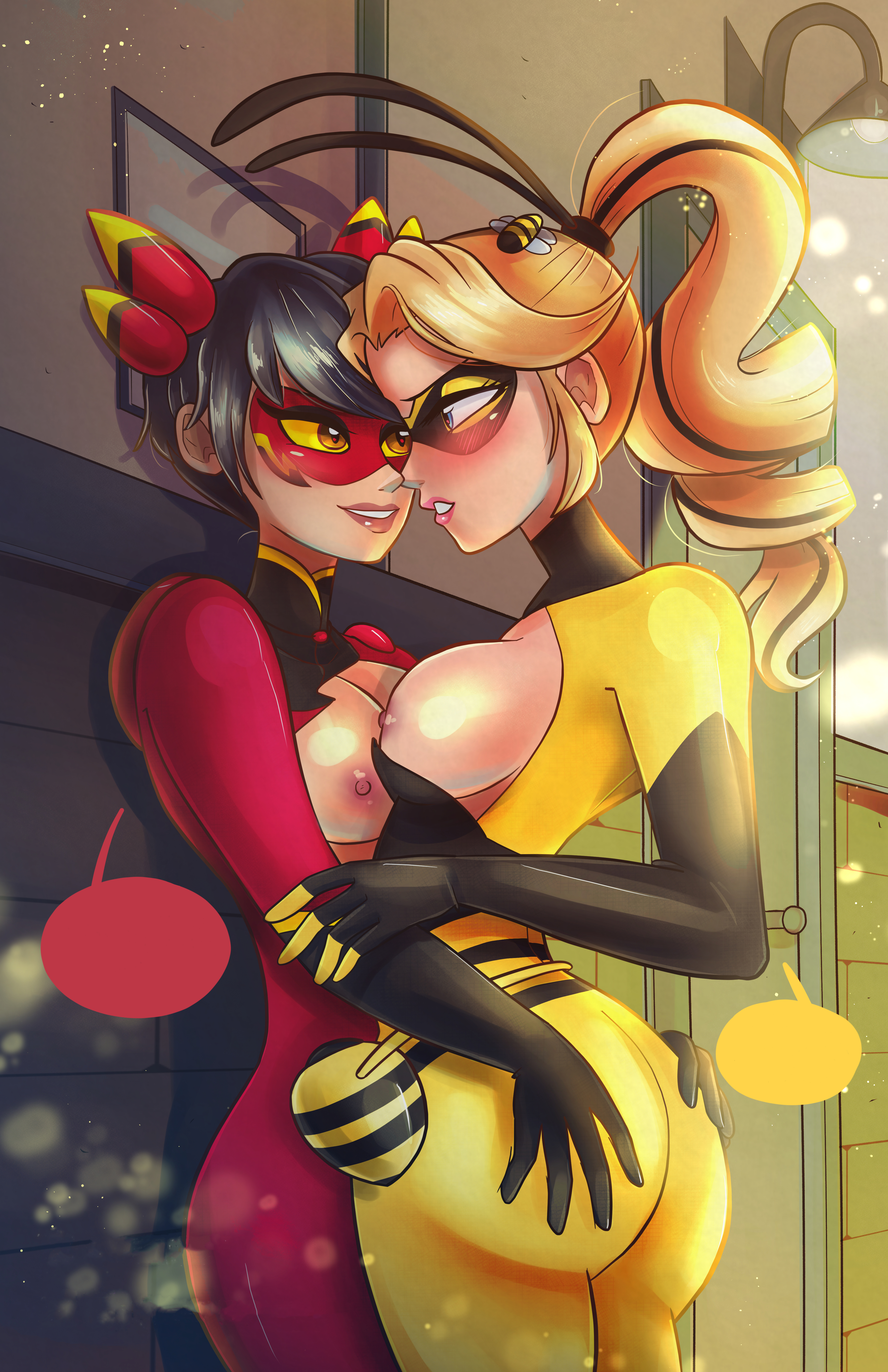 2d, 2girls, ass, big breasts, black hair, blonde female, blush, blushing, bodysuit, breasts, breasts out, chloe bourgeois, domino mask, eye contact, female, female only, heroine, kagami tsurugi, laurencel, lesbian, miraculous ladybug, miraculous: tales of ladybug and cat noir, nipples, queen bee (miraculous ladybug), ryuko (miraculous ladybug), speech bubble, superheroine, tied hair, yuri