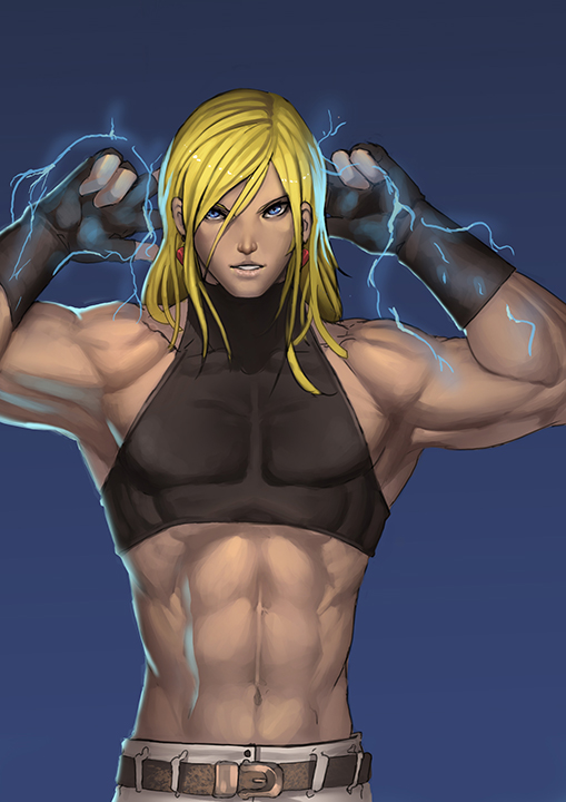 1boy barely_clothed belt benimaru_nikaido doghateburger electricity jeans king_of_fighters light_blue_eyes looking_at_viewer male_only muscular muscular_male safe simple_background snk solo_male