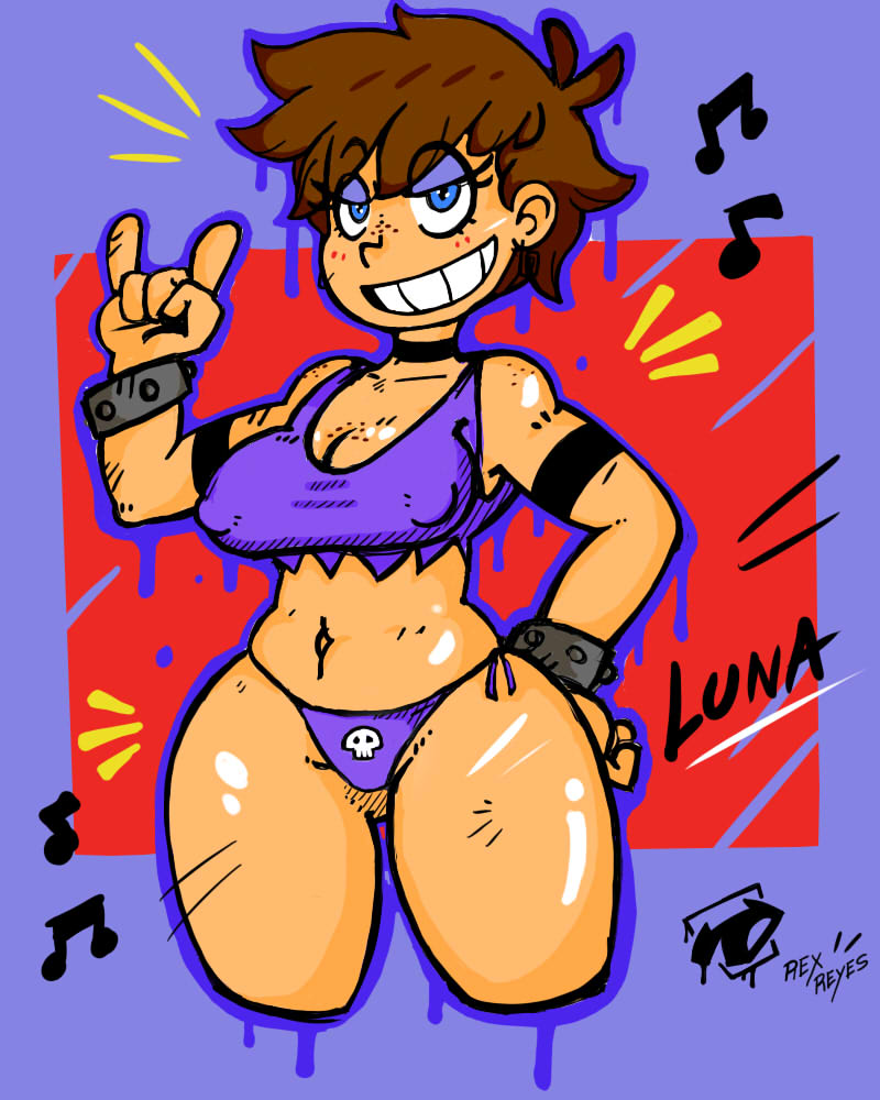1girls, armband, armbands, belly, bikini bottom, blue eyes, bracelet, bracelets, breasts, brown hair, choker, eyebrows visible through hair, eyeshadow, female, female only, grin, half-closed eyes, hand gesture, hand on hip, luna loud, midriff, navel, necklace, nipple bulge, nipples, nipples visible through clothing, panties, pussy, rex reyes, short hair, smile, solo, solo female, solo focus, the loud house, thick, thick thighs, thighs, wide hips
