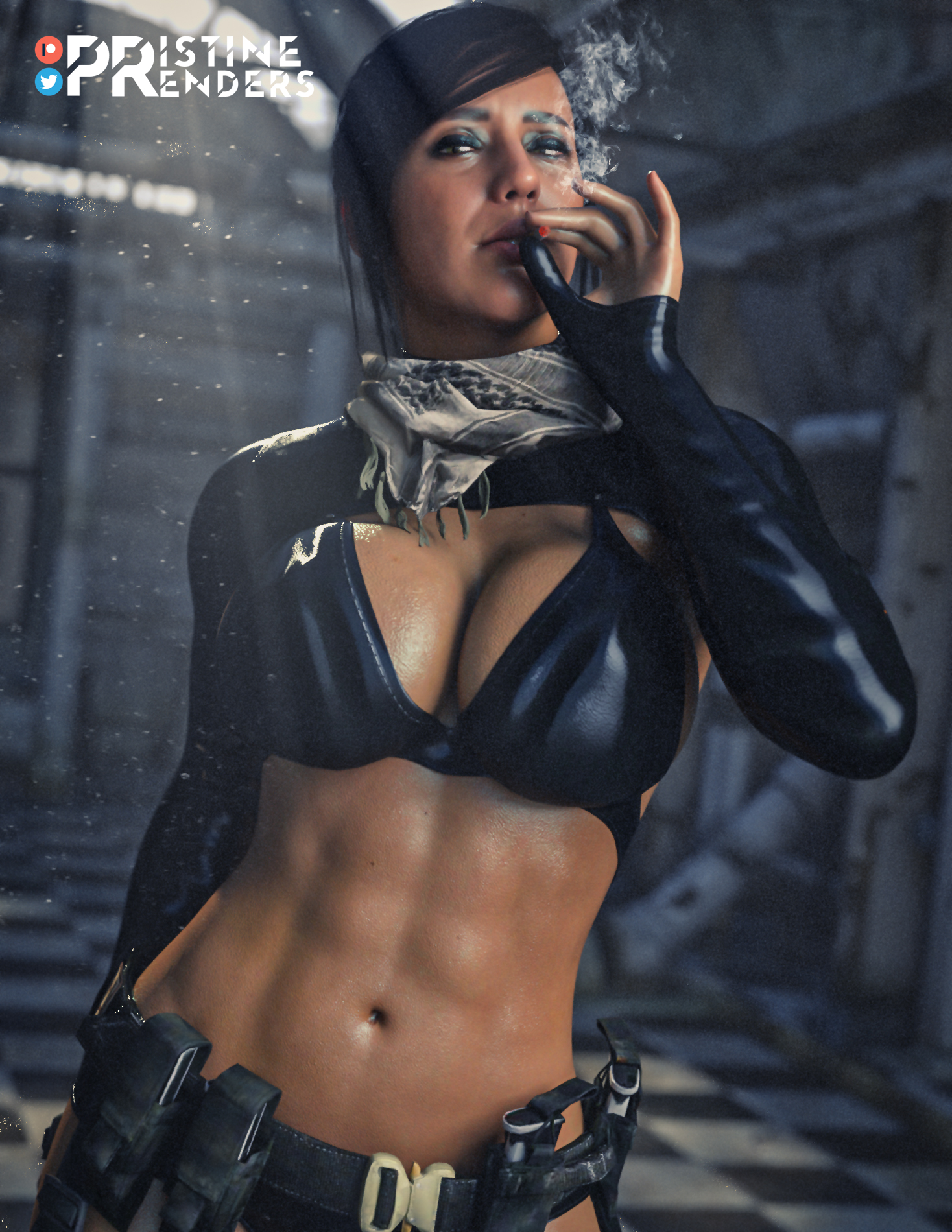 1girls, 3d, absurd res, big breasts, black hair, bolt on tits, bra, breast implants, breasts, call of duty, call of duty modern warfare (2019), call of duty modern warfare 2 (2022), cleavage, enhanced breasts, fake breasts, female, female only, green eyes, hi res, large breasts, light skin, light-skinned female, looking at viewer, mara (cod), panties, pristinerenders, silicone, silicone implants, smoking, solo, tattoo, thick thighs