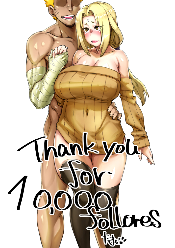 1boy, 1girls, age difference, armwear, bandage, bandaged arm, bare shoulders, belly button, big breasts, blonde hair, blush, boruto: naruto next generations, breasts, brown eyes, busty, cleavage, clothed, clothed female nude male, clothing, erect nipples, erect nipples under clothes, faceless male, female, forehead jewel, forehead mark, fully clothed, hand holding, hand on hip, height difference, holding hands, human, konakona, large breasts, legwear, lipstick, male, male/female, mature, mature female, milf, naked, naked sweater, naruto, naruto (series), nipples, nipples visible through clothing, nude, nude male, open mouth, pink lips, pink lipstick, short hair, sleeves, smile, smiling, spiky hair, standing, straight, sweater, thighhighs, tsunade, uzumaki naruto, voluptuous, whisker markings, whiskers, wide hips, yellow hair