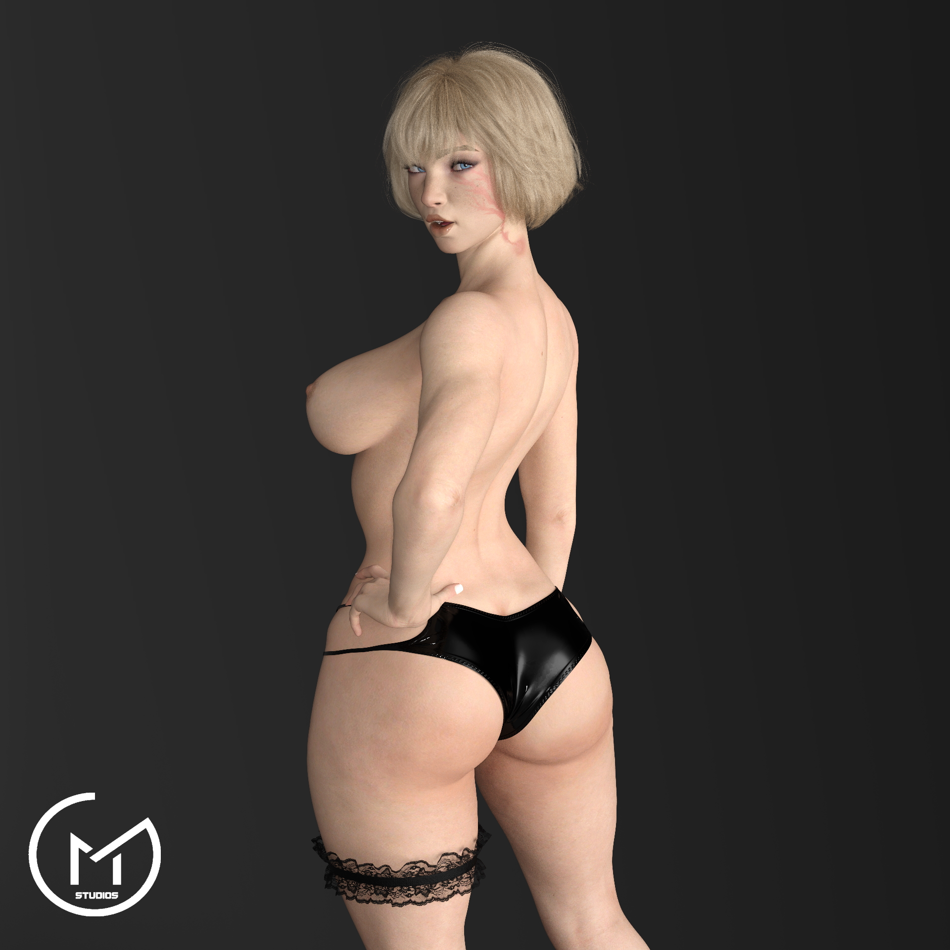 1girls, 3d, apex legends, areolae, ass, bangs, big ass, big butt, blonde, blonde hair, blue eyes, bob cut, breasts, fair skin, female, female only, garter straps, gm studios, hand on hip, large breasts, looking at viewer, looking back, nipples, open mouth, panties, respawn entertainment, scar, scarred, sci-fi, science fiction, scifi, short hair, solo, solo female, topless, viewed from behind, wattson (apex legends)