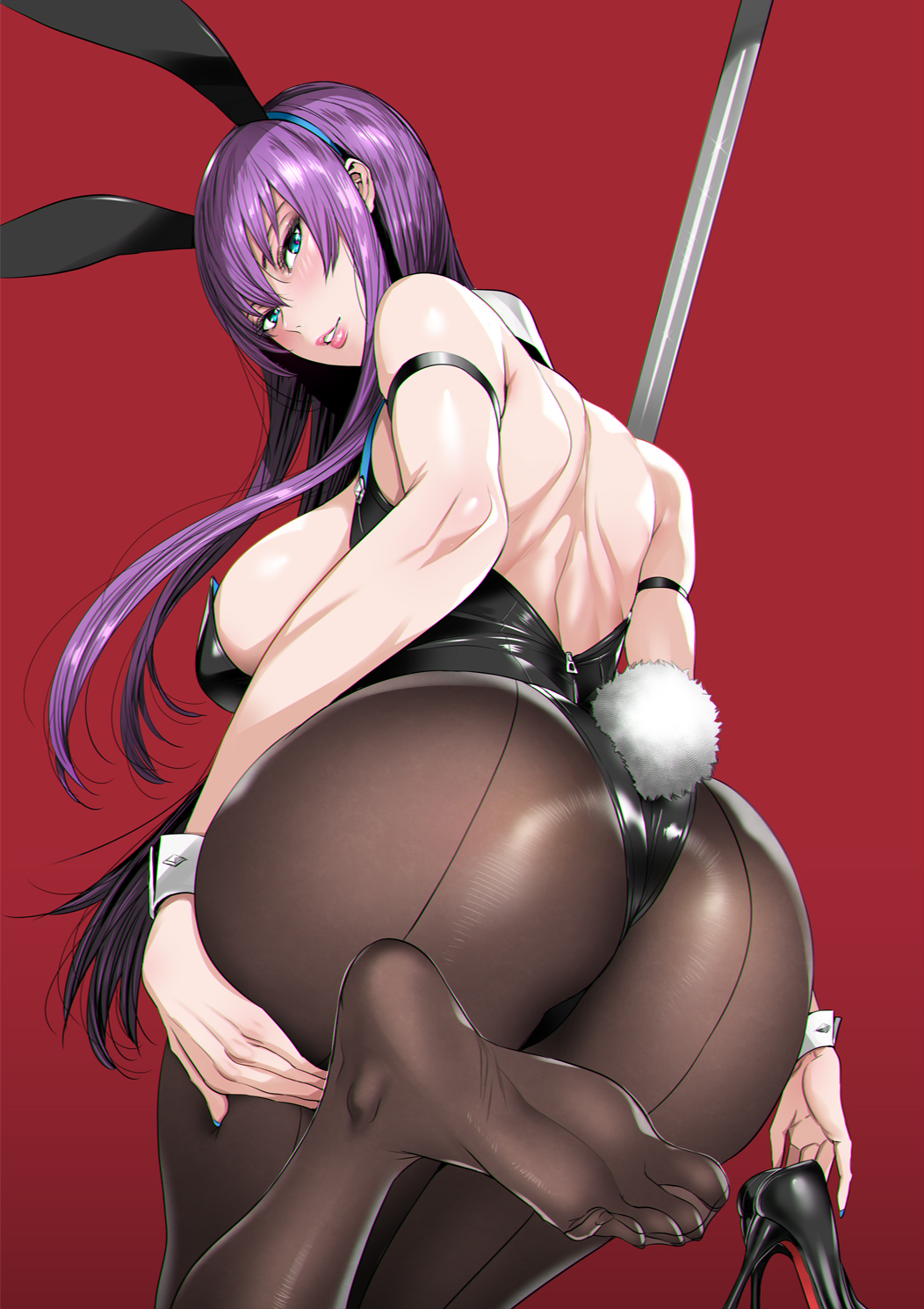 1girls animal_ears_headband aqua_eyes ass black_leotard breasts brown_legwear bunny_ears bunny_tail bunnysuit detached_collar fake_animal_ears feet fei_(maidoll) female from_behind high_heels highres highschool_of_the_dead large_breasts legs leotard lips long_hair looking_at_viewer looking_back looking_back_at_viewer pantyhose parted_lips playboy_bunny purple_hair saeko_busujima shiny shiny_hair shiny_skin shoes_removed smile solo solo_female solo_focus strapless strapless_leotard stripper_pole tail wrist_cuffs