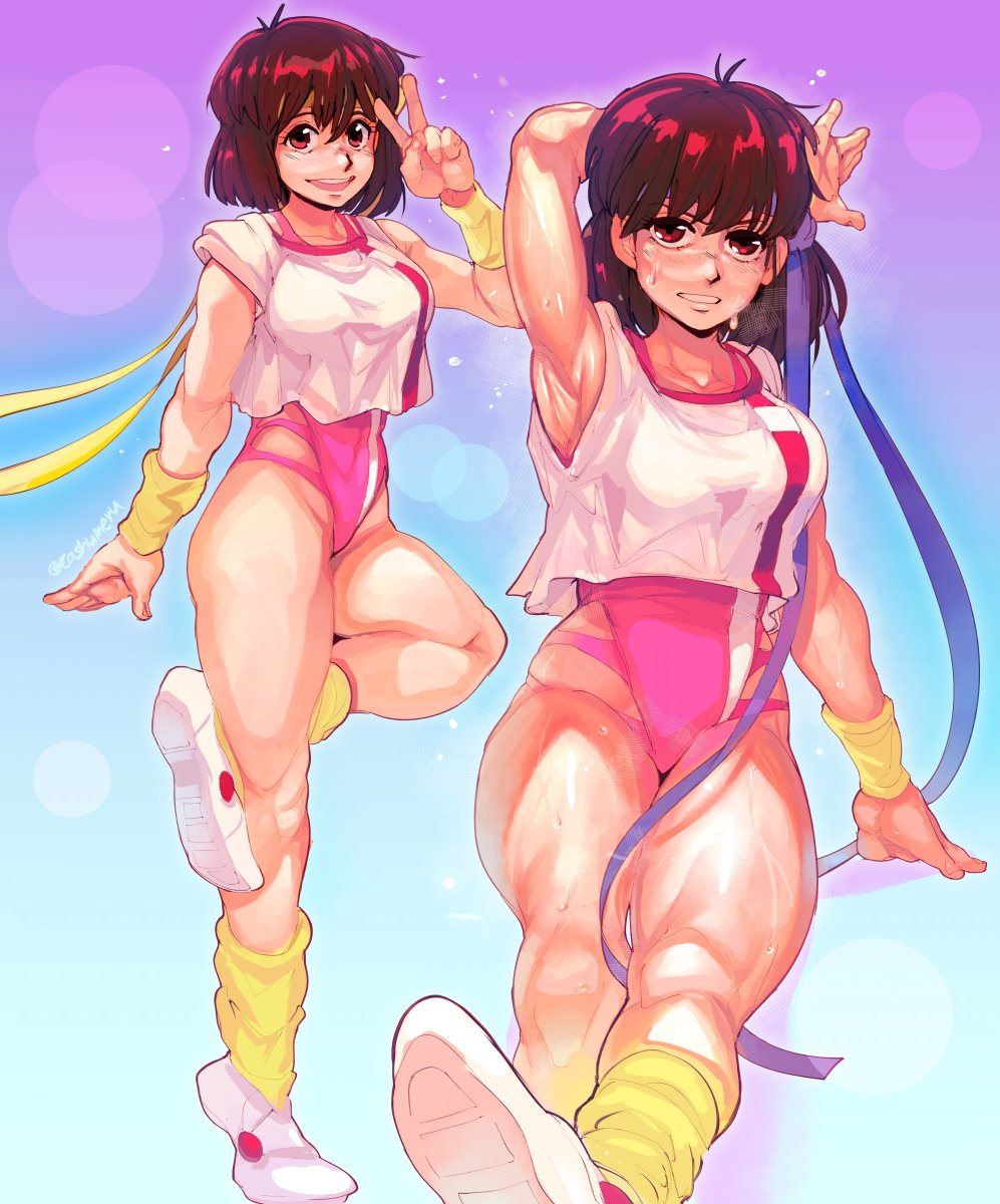 1girls 2021 armpits breasts brown_eyes brown_hair cashumeru curvaceous exercise female fit fit_female gainax gunbuster headband human large_breasts leotard light-skinned_female light_skin looking_at_viewer noriko_takaya pilot_suit shirt short_hair socks solo sweat sweaty thick_thighs wide_hips