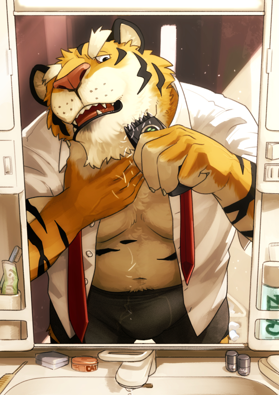 2021 anthro biped bulge clothed clothing detailed_background felid genital_outline hi_res humanoid_hands inside kemono kotori male male_only mammal necktie open_clothing open_shirt open_topwear pantherine penis_outline shaving shirt slightly_chubby solo tiger topwear underwear