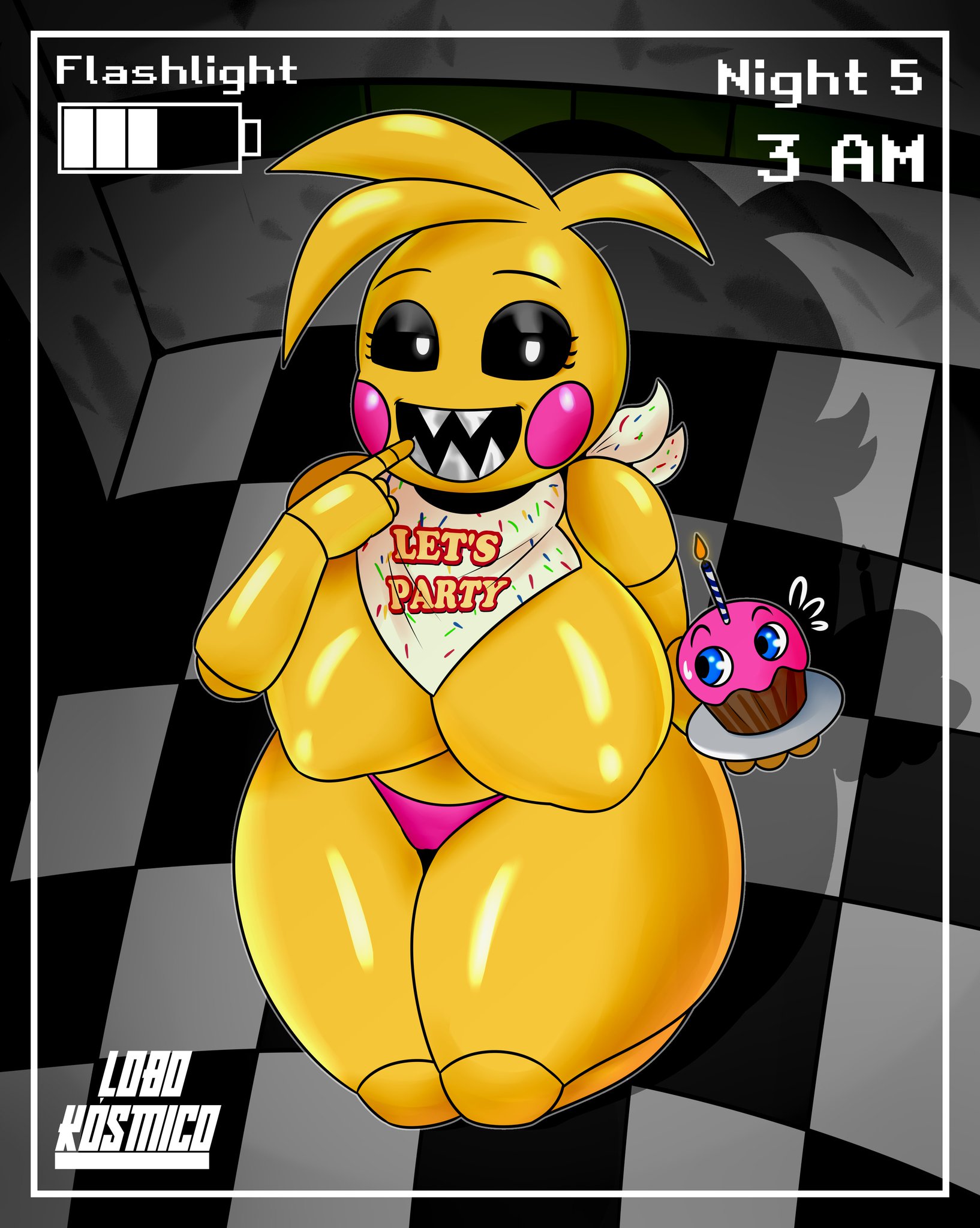 big breasts, breasts, camera view, cupcake (fnaf), female, finger in mouth, five nights at freddy's, five nights at freddy's 2, gameplay mechanics, kneeling, lobokosmico, looking at viewer, on knees, robot, sharp teeth, solo, tagme, thick thighs, toy chica (fnaf), underwear