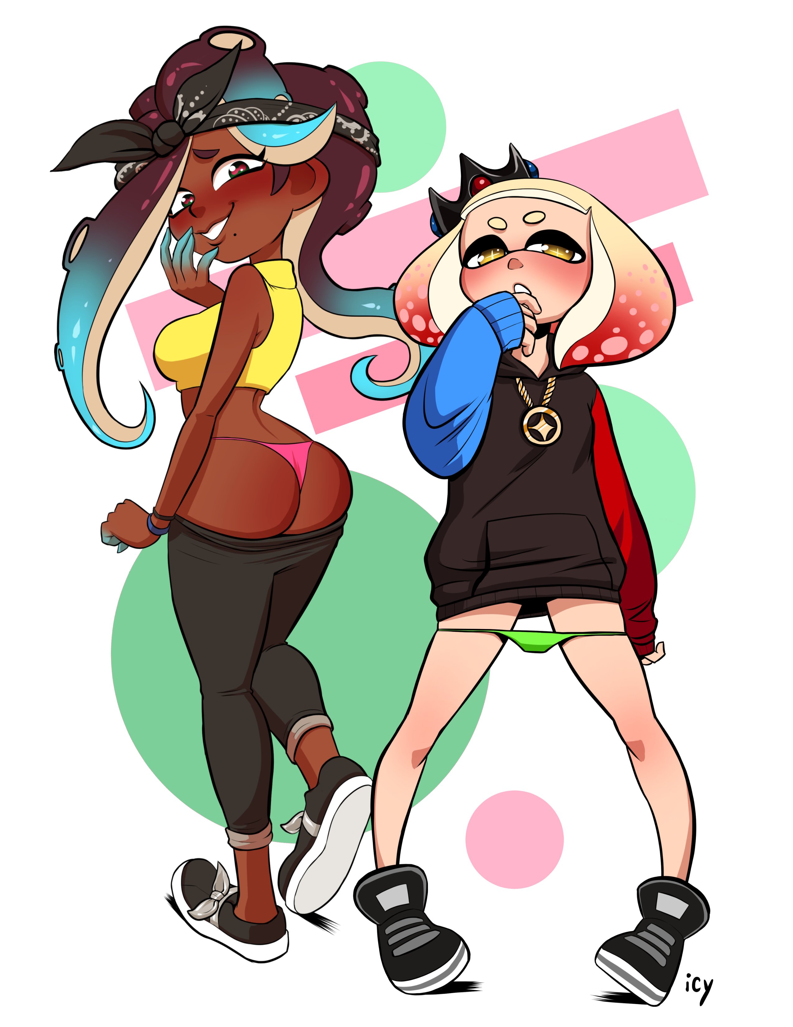alternate costume, bandana, black hair, blush, chocolate and vanilla, crop top, dark skin, female, green eyes, hoodie, inkling, iseenudepeople, looking at viewer, marina (octo expansion), marina (splatoon), nintendo, octoling, panties, panties down, pearl (octo expansion), pearl (splatoon), splatoon, splatoon 2, splatoon 2: octo expansion, white hair, white skin, yellow eyes, yoga pants