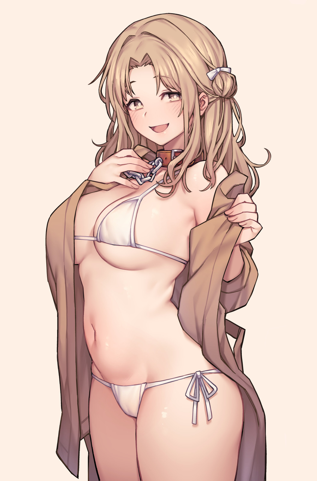 belly, belly button, big breasts, bikini, bikini bottom, bikini top, blush, breasts, choker, collar, curvy, female, happy, jp06, leash, smile, smiling, swimsuit, swimwear, thin, thin waist, voluptuous