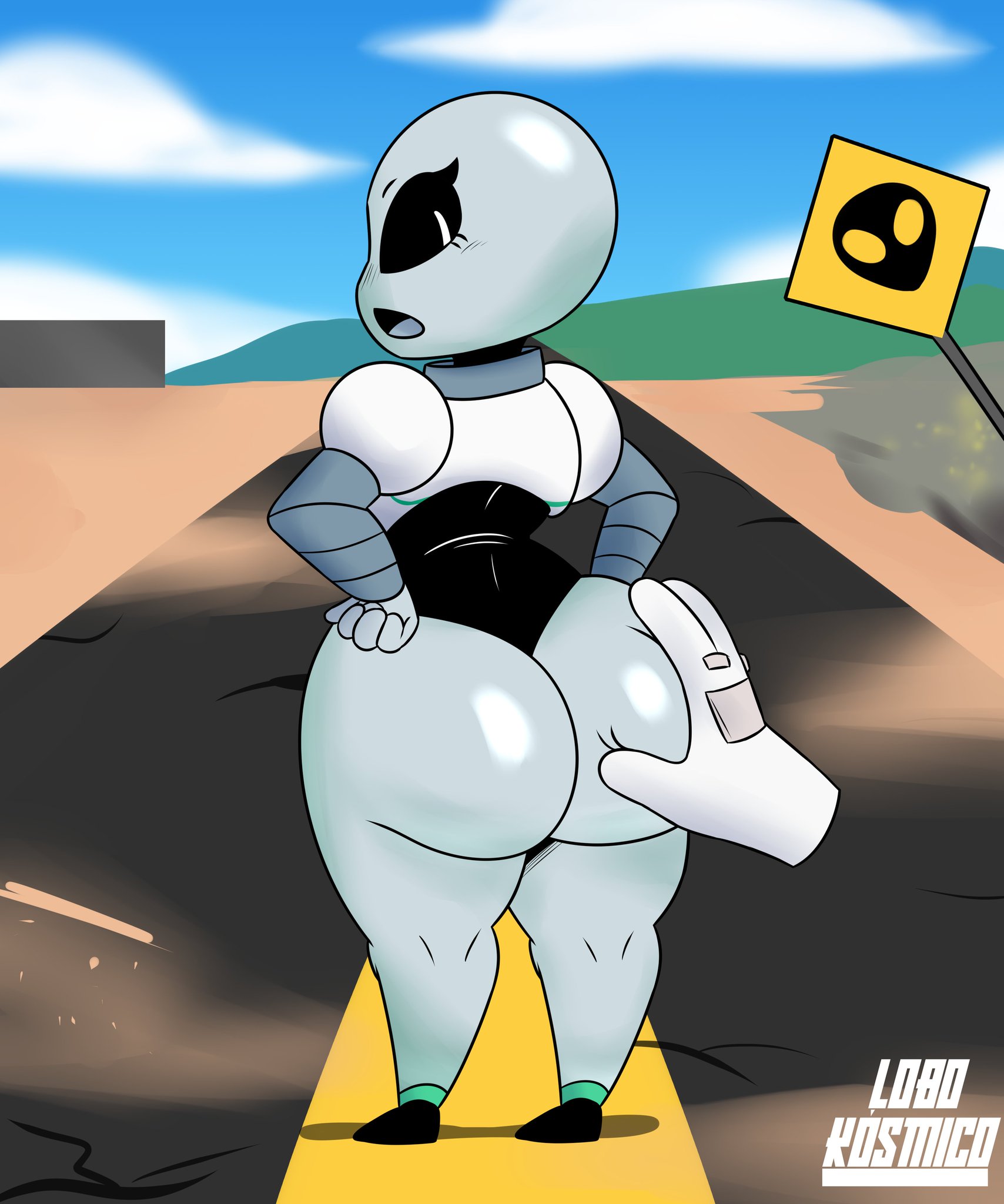 1girls, alien, alien girl, ass, ass grab, back view, big ass, big butt, black eyes, black sclera, blush, blushing, butt grab, color, disembodied hand, embarrassed, eyelashes, female, female only, full body, grey alien, grey skin, grope, groping, hand on hip, hands on hips, hips, huge ass, huge butt, large ass, large butt, lobokosmico, looking back, martian, open mouth, shortstack, solo, solo female, standing, text, thick, thick ass, thick thighs, thighs, tongue, watermark, white pupils, wide hips