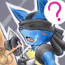 anthro blindfold blue_fur blush canine censored cum cum_trail cute_fang garuruspring handjob lowres lucario pokemon pokemon_(species) pokemon_dppt pokephilia pubic_hair question_mark