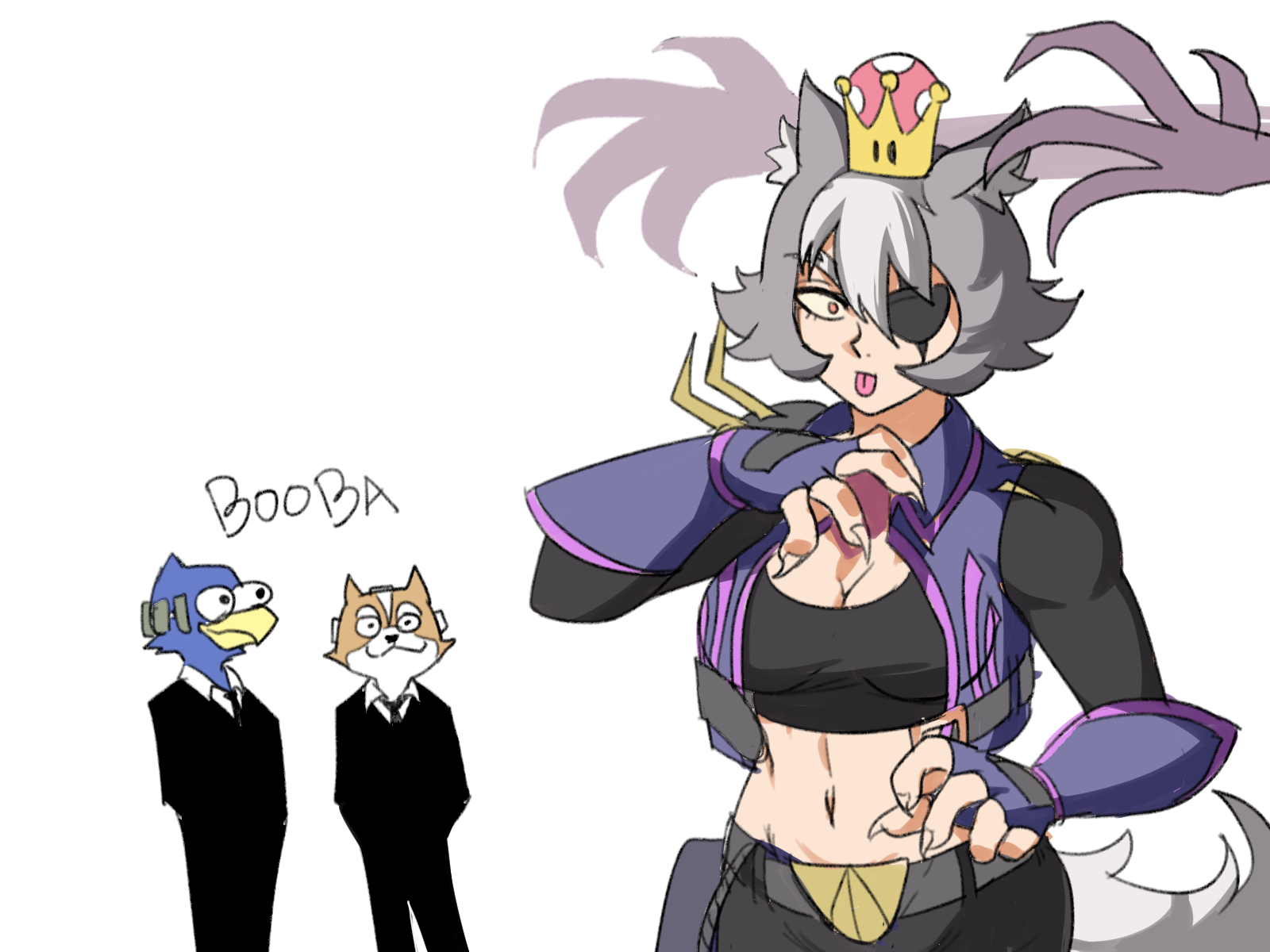 1girls, 2021, 2boys, bare midriff, belly button, booba (meme), breasts, claws, cleavage, eyepatch, falco lombardi, female, fox mccloud, humanized, male, mario (series), meme, new super mario bros. u deluxe, nintendo, rule 63, star fox, super crown, tagme, tinafate1, wolf ears, wolf girl, wolf o'donnell, wolf tail