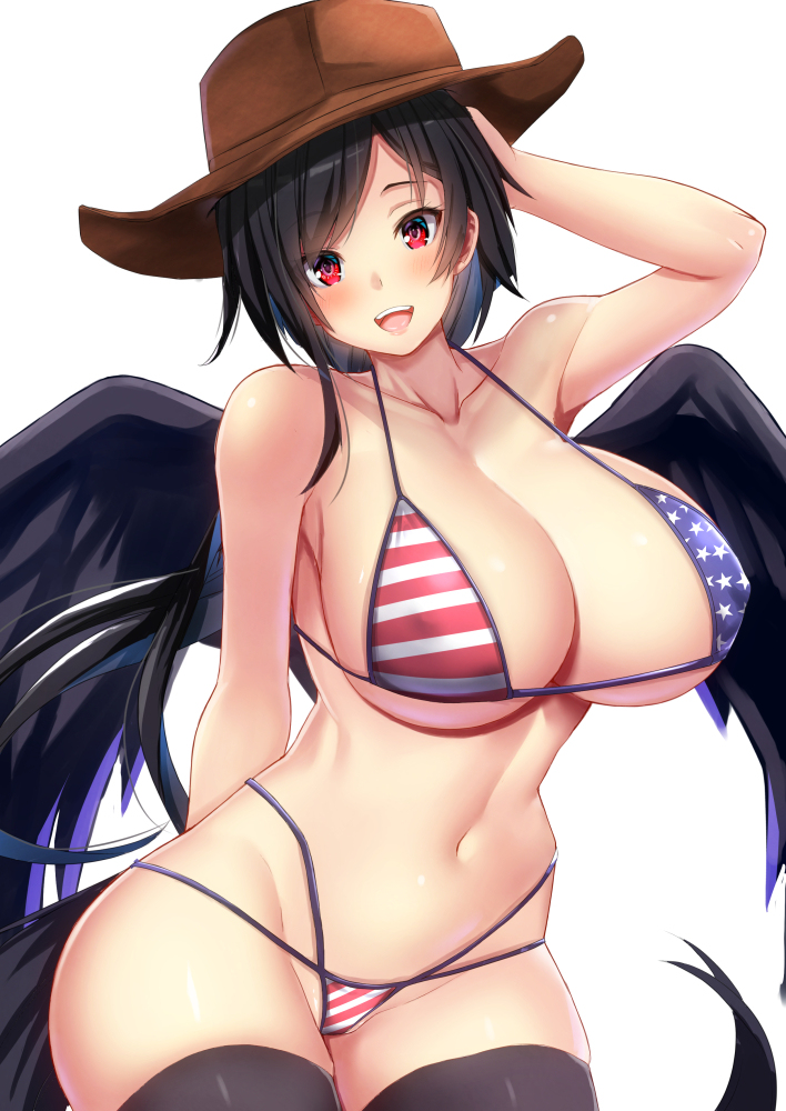 1girls, american flag, american flag bikini, bikini, black hair, blush, breasts, cowboy hat, ebi 193, feathered wings, female, large breasts, navel, red eyes, saki kurokoma, standing, tail, thighhighs, touhou, wings