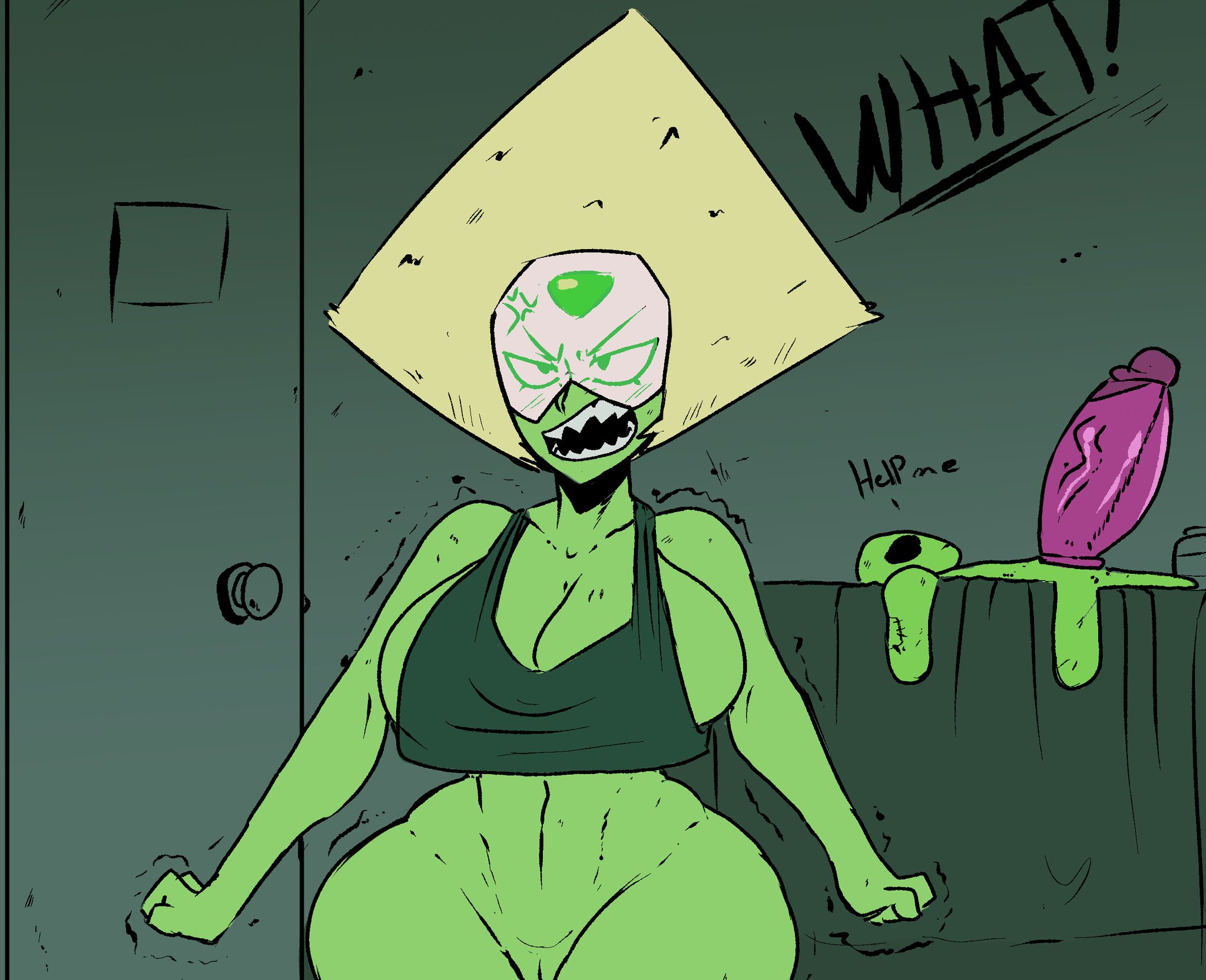 1girls, after masturbation, angry, ass, breasts, breasts bigger than head, comedy, dildo, english text, female, female focus, female only, funny, gem (species), huge ass, huge breasts, humor, no panties, peridot (steven universe), repomorame, sideboob, steven universe, tagme, talking, talking to another, text, wide hips