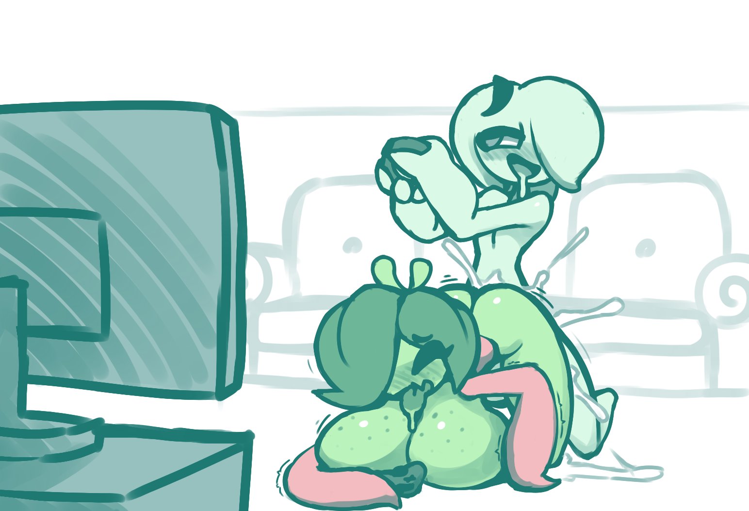 2020, anthro, ass, ass shake, balls, blush, casual sex, controller, couch, cum, cum inside, cumming, doggy style, enoki (vonjungle), female, flora fauna, living room, male, male/female, naked, navel, nude, nude female, nude male, nudity, oliver (screwroot), open mouth, penetration, playing, playing videogame, saliva, screwroot, shaking, television, tongue, tongue out, while playing videogame