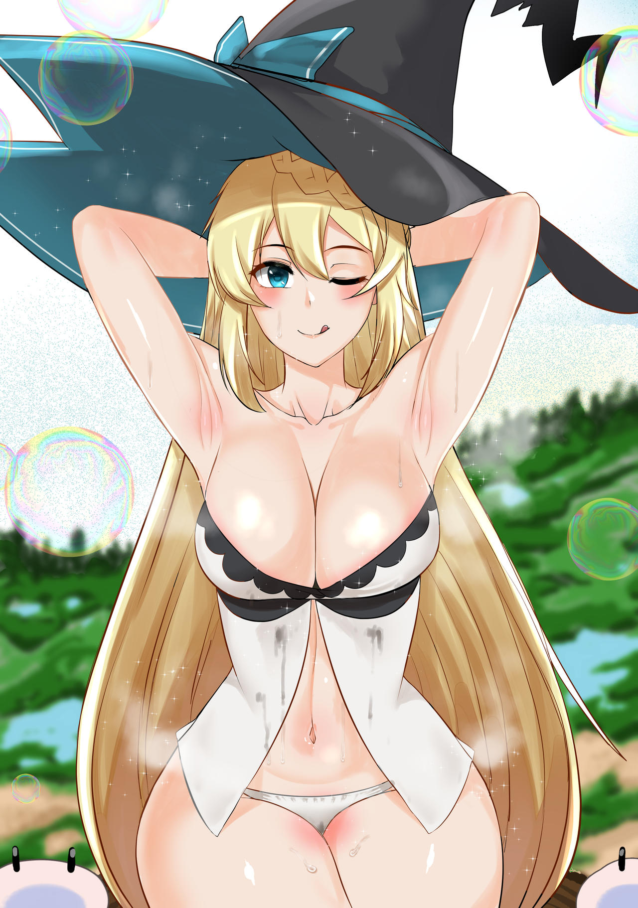 1girls aizawa_azusa_(slime_taoshite_300_nen) blonde_hair blue_eyes large_breasts licking_lips slime_taoshite_300_nen_shiranai_uchi_ni_level_max_ni_nattemashita underwear voidmakerz voluptuous wink witch_hat