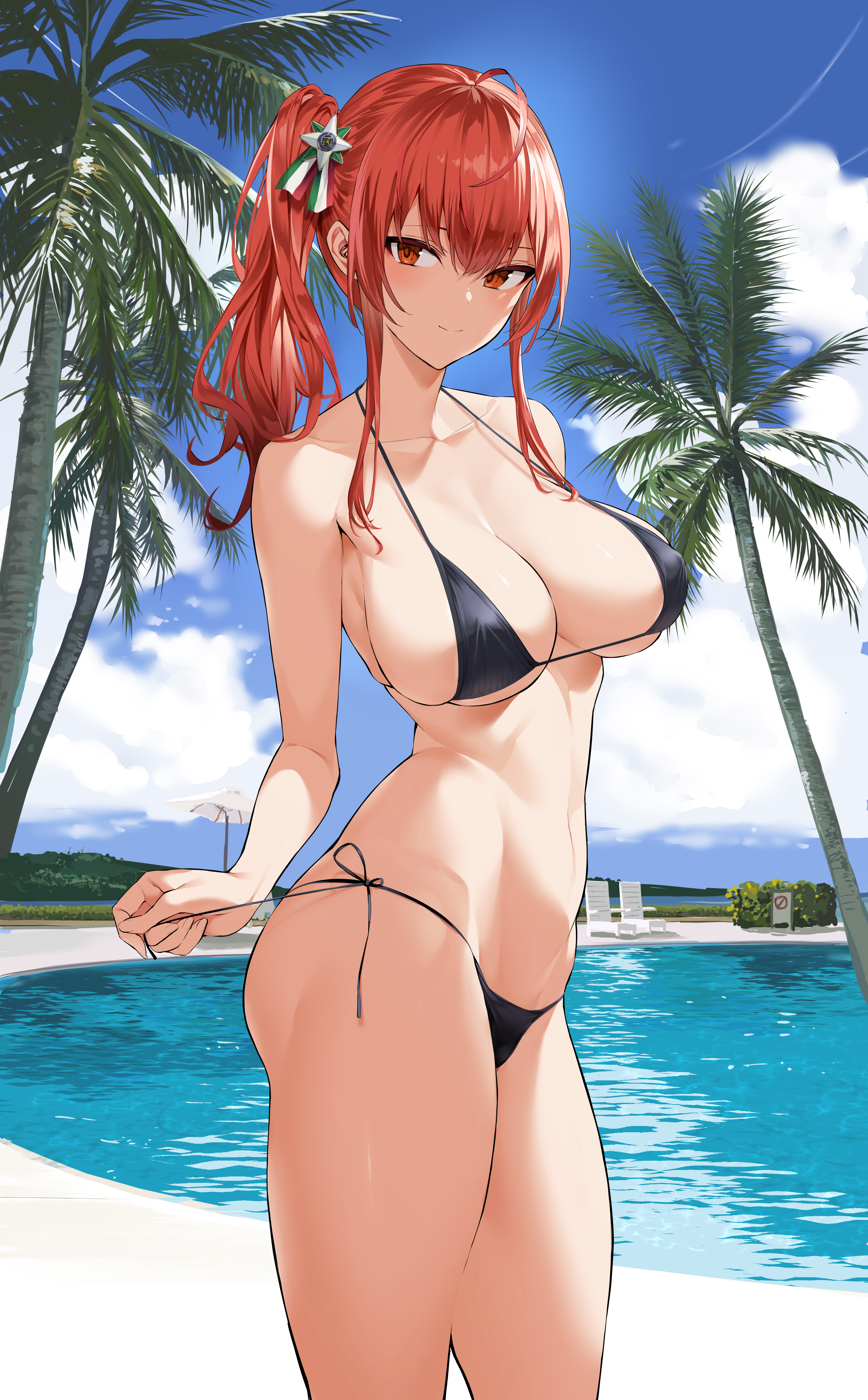 absurd res, azur lane, big breasts, bikini, blue sky, bra, breasts, cleavage, cloud, erect nipples, female, hair ornament, highres, hiiragi yuuichi, large breasts, looking at viewer, navel, nipples, panties, pool, red eyes, red hair, smile, swimsuit, tree, zara (azur lane)