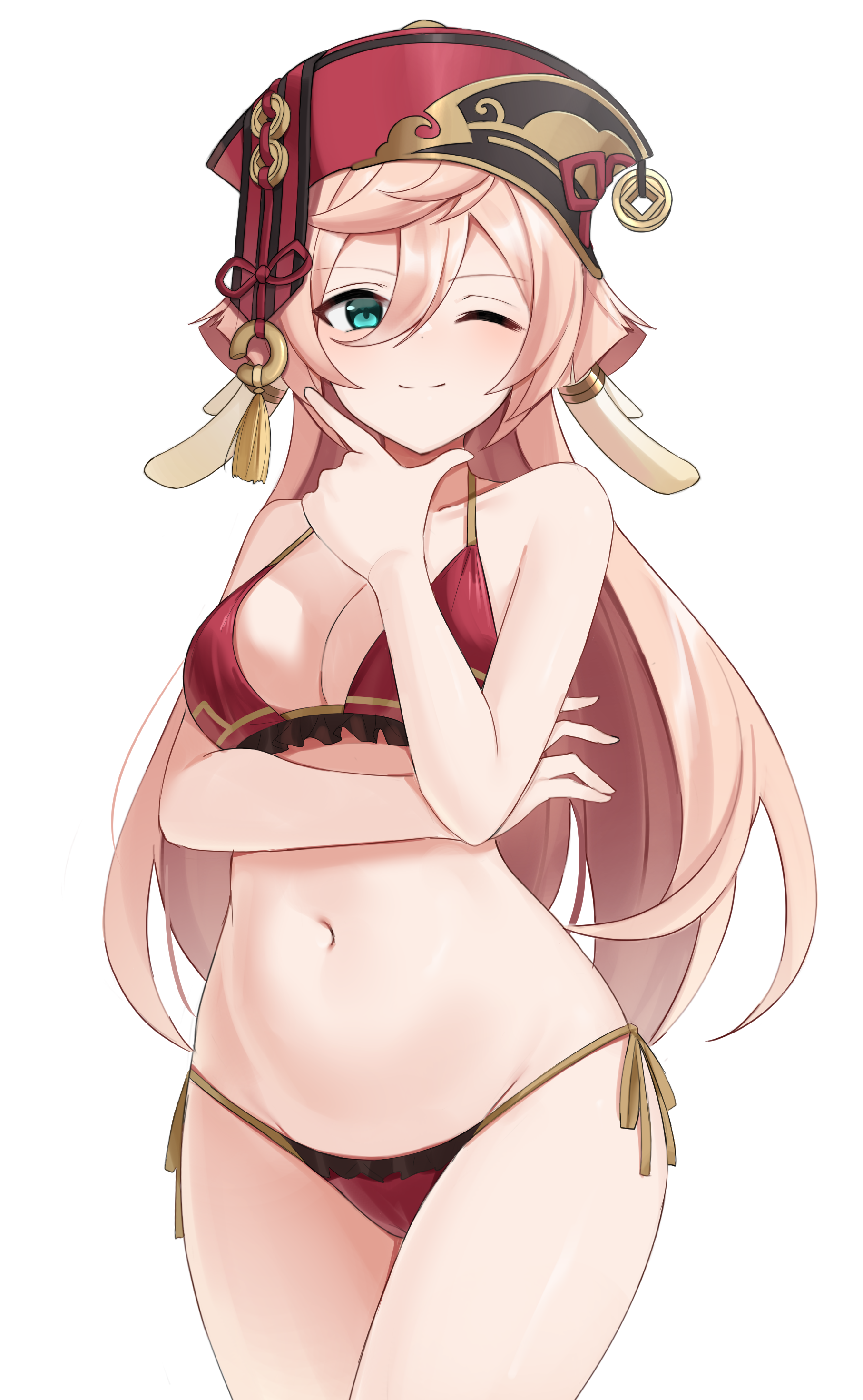 1girls, aqua eyes, belly, belly button, bikini, breasts, cleavage, cute, female, genshin impact, hair, hat, horn, looking at viewer, petite, pink hair, pose, red bikini, shengtian, side-tie bikini, small breasts, smile, wink, yanfei (genshin impact)