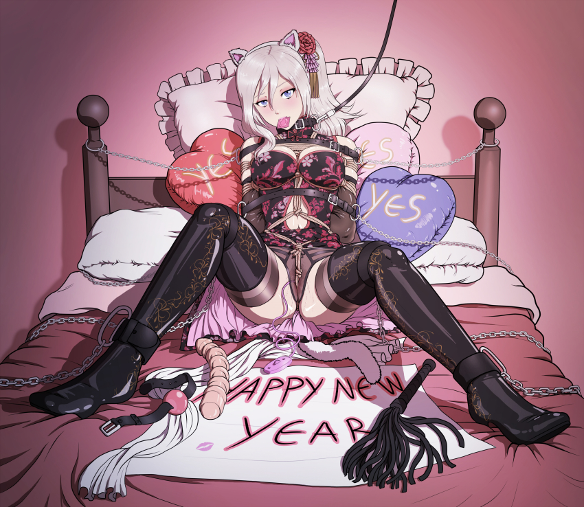 10s absurdres alisa_ilinichina_amiella animal_ears arms_behind_back ball_gag bed belt black_legwear blue_eyes bondage boots bound breasts buttplug buttplug_tail cat_ears cat_girl cat_tail chains china_dress chinese_clothes cleavage cleavage_cutout clothing_cutout collar condom condom_in_mouth crotch_rope cuffs dildo dress dress_lift fake_tail female female_focus female_pubic_hair gag god_eater god_eater_2:_rage_burst happy_new_year head_tilt highres large_breasts latex leash lipstick_mark long_hair looking_at_viewer lying mouth_hold navel navel_cutout new_year on_bed panties pillow pink_hair pubic_hair pussy pussy_juice reptileye self_bondage sex_toy shibari_over_clothes side_ponytail silver_hair sitting solo spread_legs tail thigh_boots thighhighs uncensored underwear vibrator vibrator_under_clothes vibrator_under_panties whip yes-no_pillow