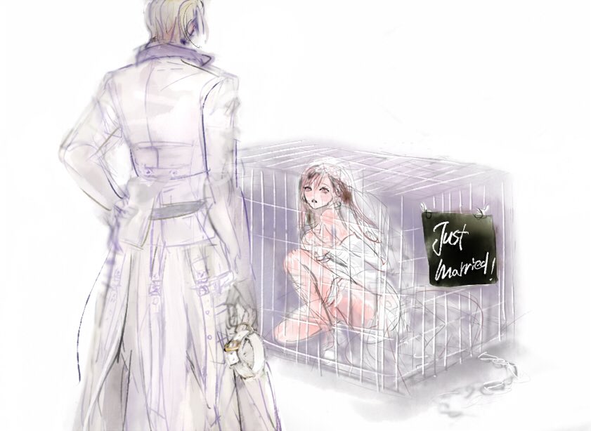 black hair, blonde hair, bondage, bridal veil, bride, cage, caged, clothed, collar, defeated, defeated heroine, dominant male, end7th, female, femsub, final fantasy, final fantasy vii, final fantasy vii remake, humiliated, humiliation, male, prisoner, rufus shinra, slave, slave girl, square enix, submissive female, tied up, tifa lockhart, veil, wedding dress