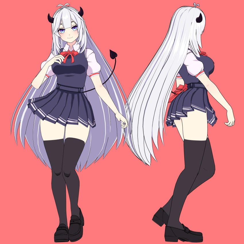 3d, absurdres, blue eyes, breasts, demon, demon tail, female, hand on own chest, highres, horns, indie virtual youtuber, jjinomu, large breasts, long hair, multiple views, pink background, school uniform, silver hair, smile, standing, succubus, tail, thighhighs, veibae, very long hair, virtual youtuber, vshojo