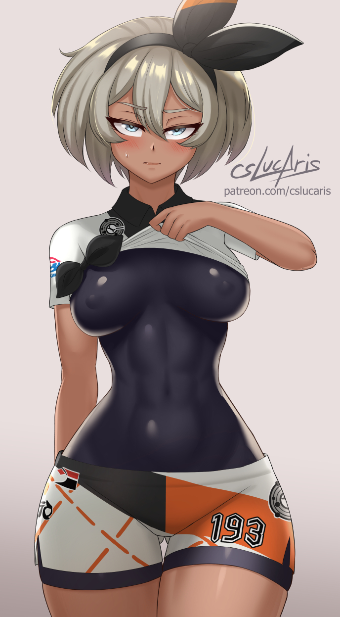 1girls, abs, abs visible through clothing, ass visible through thighs, bea (pokemon), bike shorts, blush, bodysuit, cslucaris, female, grey hair, muscular, muscular female, nintendo, nipples visible through clothing, pokemon, pokemon ss, shirt lift, short hair, solo, sweat
