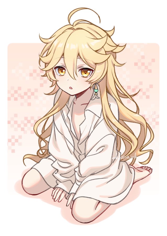 1boy, aether (genshin impact), ahoge, blonde hair, earrings, femboy, feminization, genshin impact, gold eyes, kneeling, long hair, looking at viewer, male, male only, oversized clothes, sitting, solo, thighs, twink