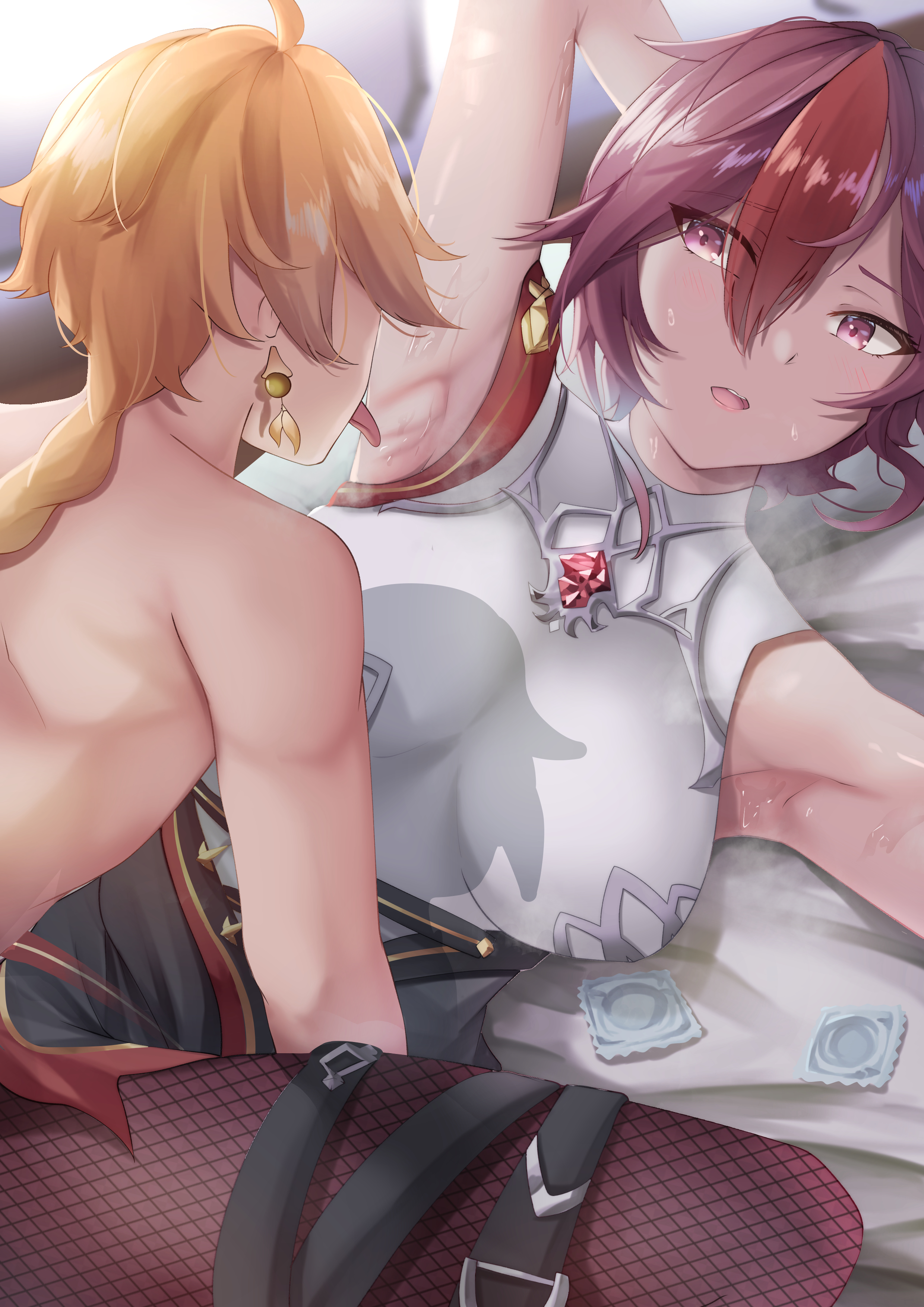1boy, 1girls, aether (genshin impact), armpit fetish, armpit licking, armpits, arms up, blush, breasts, clothed female nude male, condom, female, fishnet legwear, fishnets, genshin impact, heavy breathing, hi res, male, nun, rosaria (genshin impact), sex, sleeveless, spread legs, sweat, tongue, tongue out