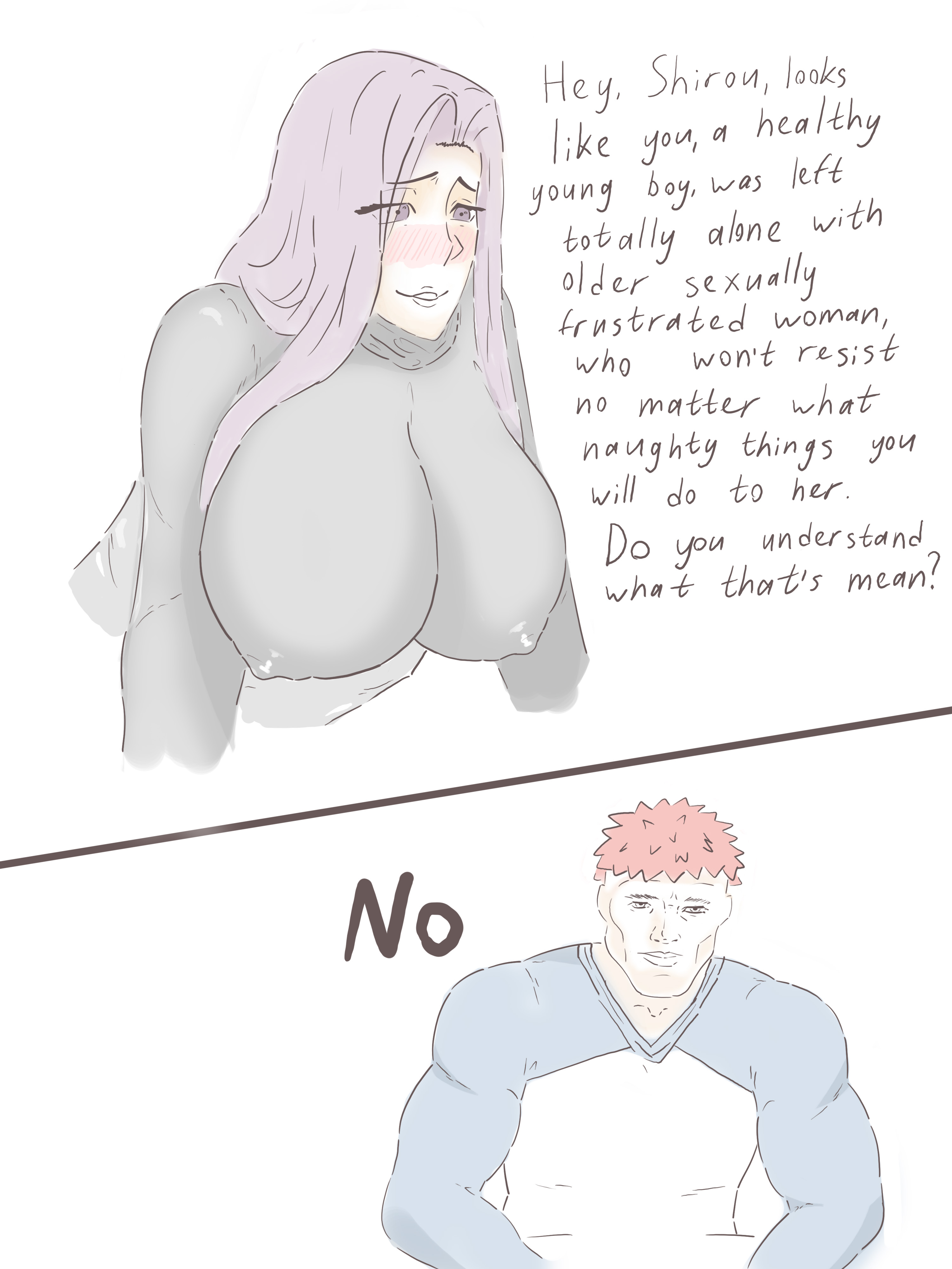 1boy, 1girls, bad grammar, blush, blushing, breasts, clothed, clothed female, clothed male, comic, emiya shirou, english text, erect nipples, fate (series), fate/stay night, female, grammatical error, huge breasts, humor, invitation, inviting to sex, long hair, male, male with female, mature female, medusa (fate), meme, muscular, muscular male, nipple bulge, nipples, nipples visible through clothing, peircethespace, purple eyes, purple hair, rejection, sexually ignorant, simple background, straight, suggestive look, text