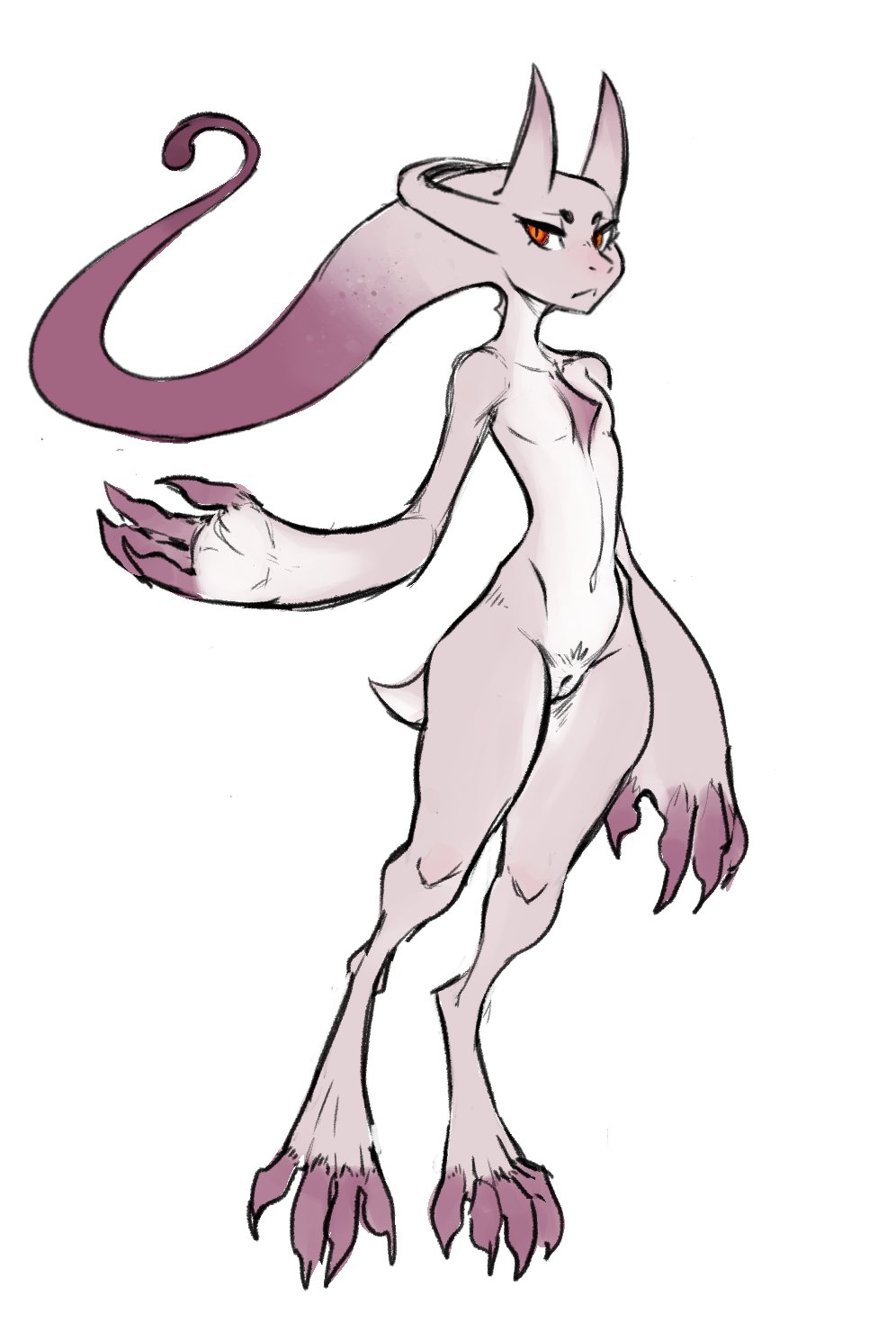 anthro claws feet female flat_chested genitals guoh hi_res legendary_pokémon looking_at_viewer mega_evolution mega_mewtwo mega_mewtwo_y mewtwo navel nintendo pokemon pokemon_(species) pupils pussy red_eyes simple_background sketch skinny slit_pupils solo toe_claws toes video_games