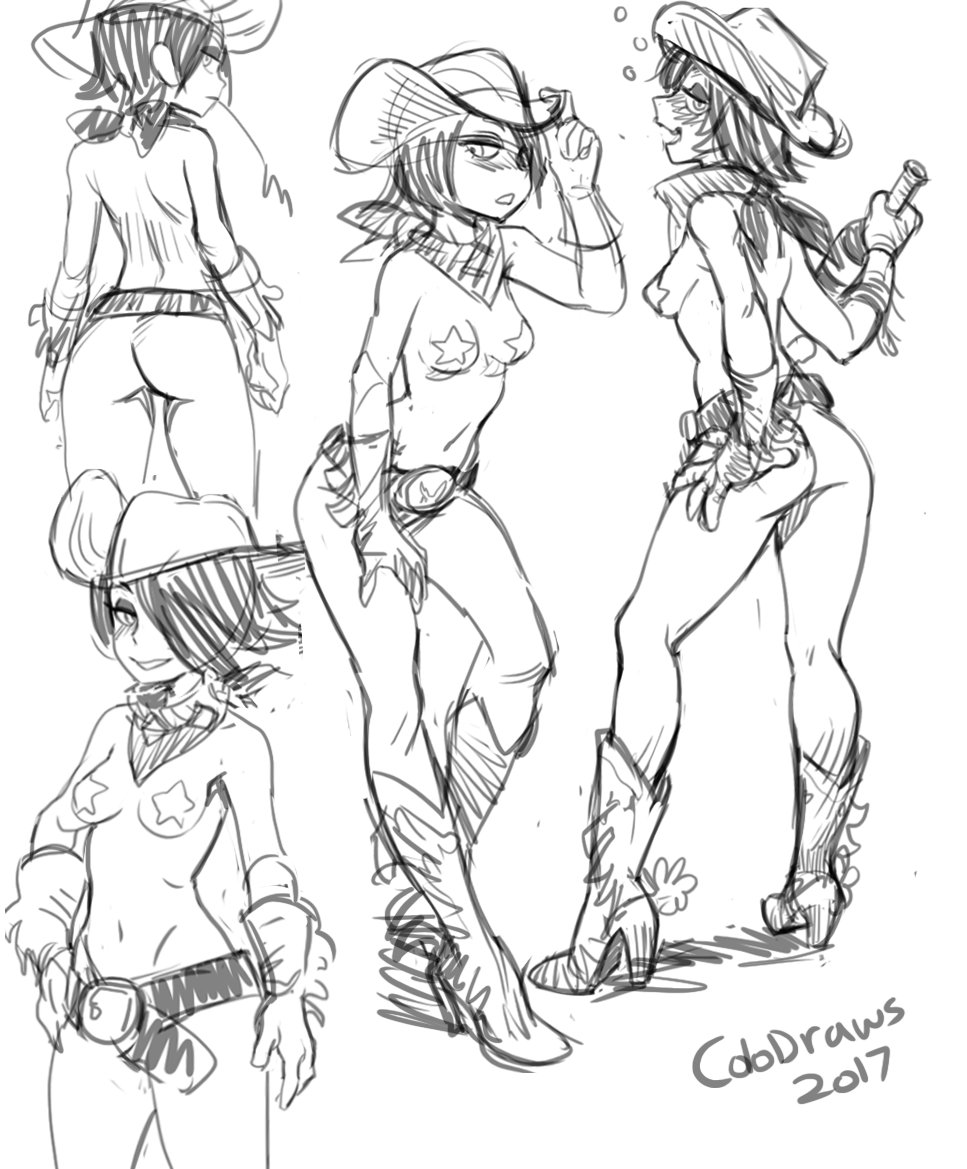 1girls ass belt boots bottle breasts butt_crack colo cowboy_hat hair_over_one_eye hand_on_hip jane_abigail_mori looking_at_viewer monochrome multiple_views pasties sketch star_pasties