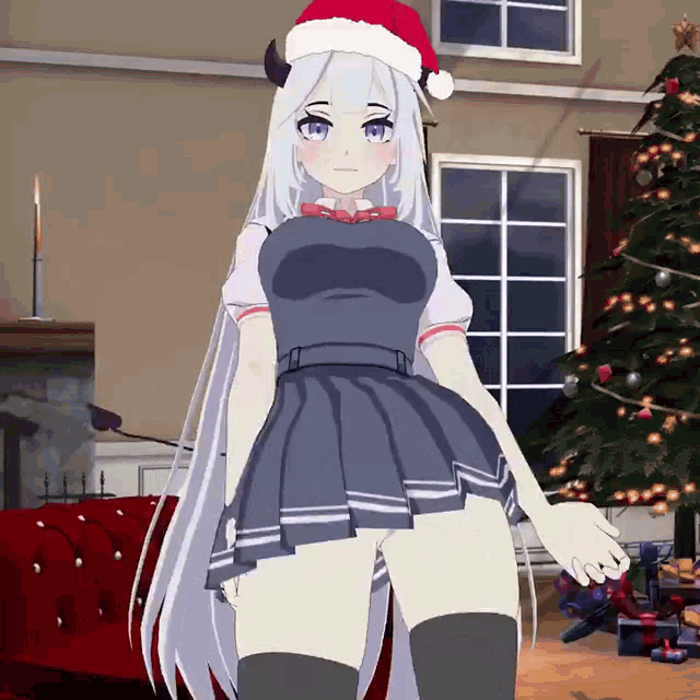 1girls, 3d, animated, animated gif, big breasts, breasts, christmas, christmas tree, dance, demon, demon horns, demon tail, female, female focus, female only, horns, jjinomu, long hair, mmd, panties, santa hat, school uniform, shaking hips, silver hair, simple background, skirt, solo, solo female, solo focus, succubus, thighhighs, upskirt, veibae, very long hair, virtual youtuber, vshojo, white hair