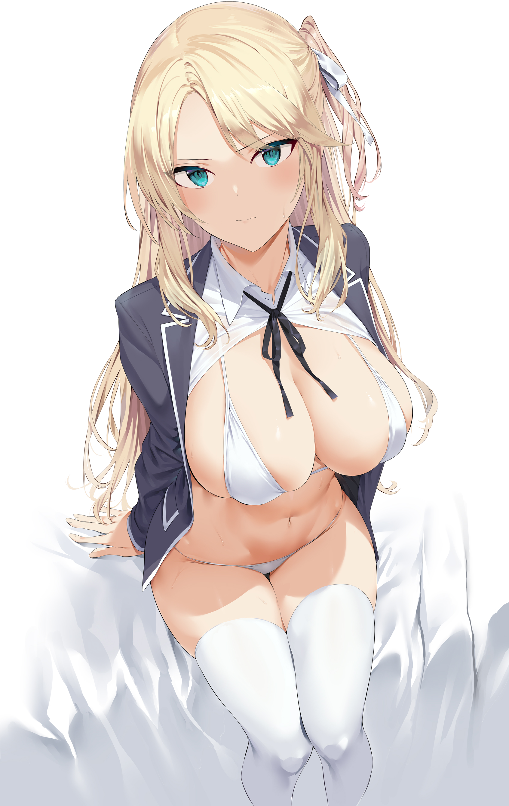 bed, blonde hair, blue eyes, bottomless, bra, cleavage, female, highres, hiiragi yuuichi, looking at viewer, navel, open shirt, original, original character, panties, ribbon, seifuku, simple background, sweat, thighhighs, white background